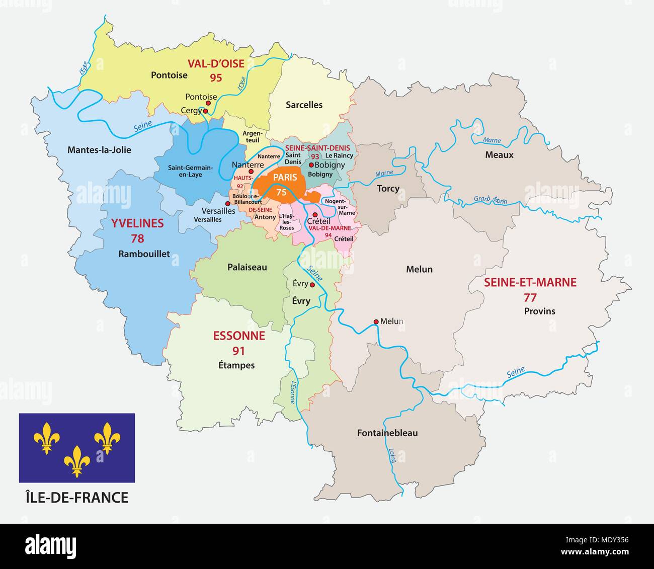 Ile de France administrative und politische Vektorkarte mit Fahne, Frankreich Stock Vektor