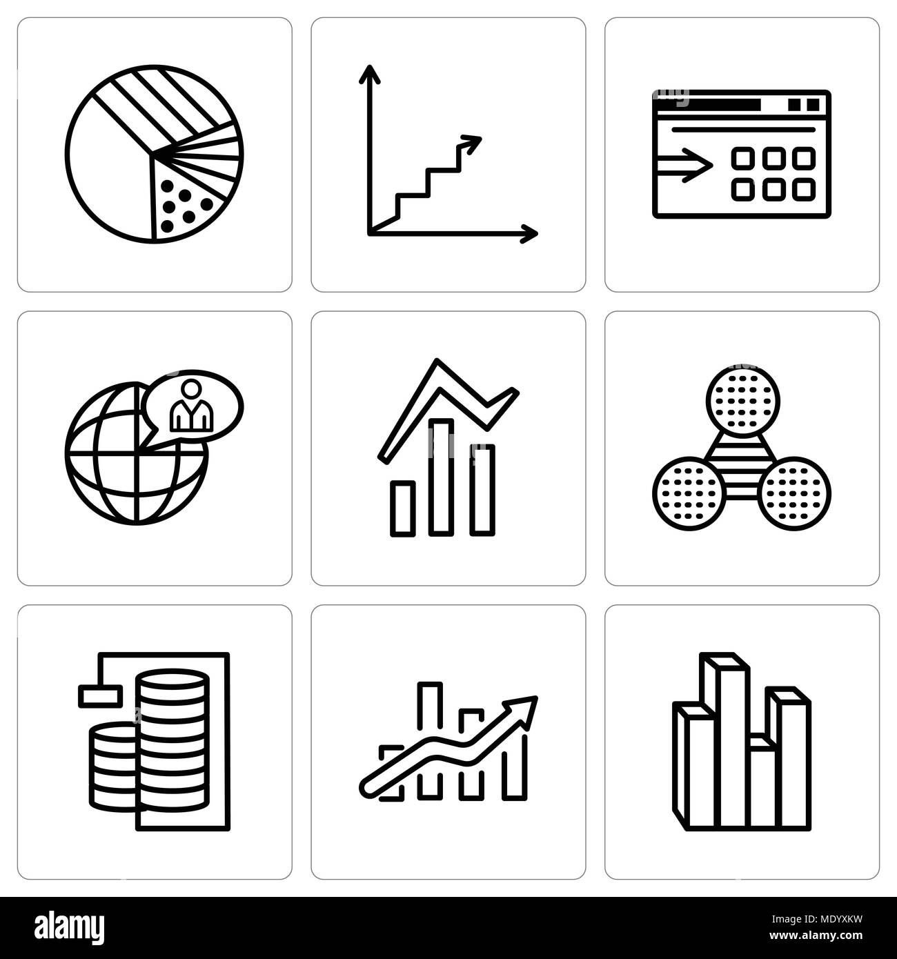 Satz von 9 einfache editierbare Symbole wie Stream Grafik, Bars, Datenbank, Analyse, Torte Grafik Vergleich, Bars und Datenanalyse, Global User, Da Stock Vektor