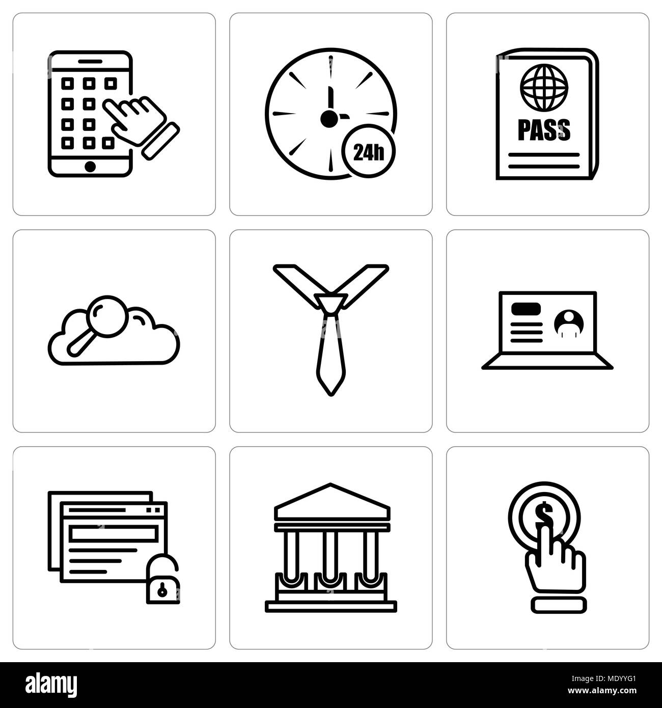 Satz von 9 einfache editierbare Ikonen wie Klicken, Regierungsgebäude, Entsperren, Laptop, Binden, Suchen von Daten, Reisepass, Watch, iphone, können für mobile verwendet werden, Stock Vektor