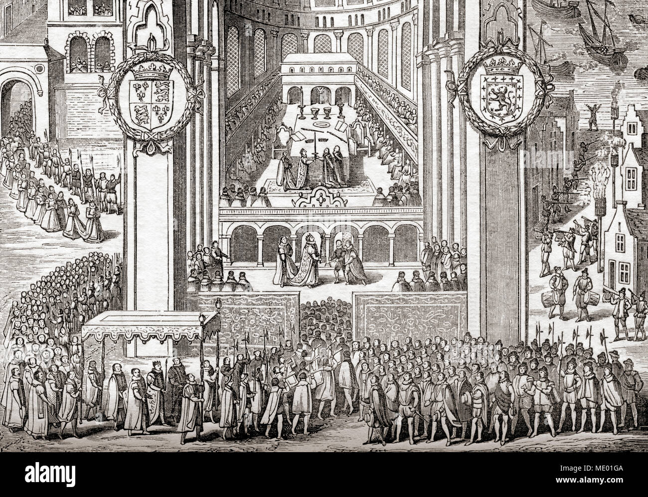 Die Krönung von James I. James VI und I, 1566 - 1625. König von Schottland als James VI vom 24. Juli 1567 und der König von England und Irland als James I ab 24. März 1603-1625. Aus Old England: eine bildliche Museum, veröffentlicht 1847. Aus Old England: eine bildliche Museum, veröffentlicht 1847. Stockfoto