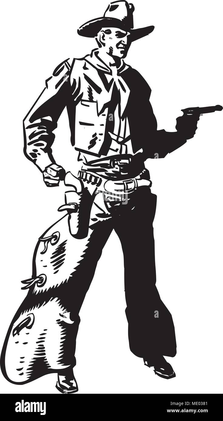 Cowboy Zeichnung Pistole - Retro Clipart Illustration Stock Vektor