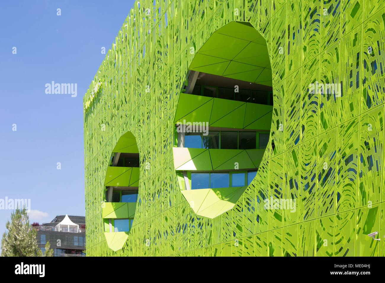 Frankreich, Lyon, 56 quai Rambaud, Marina, Hafen, Gebäude Le Cube Vert, Architekt Jakob + Macfarlane, Euronews head Office Stockfoto