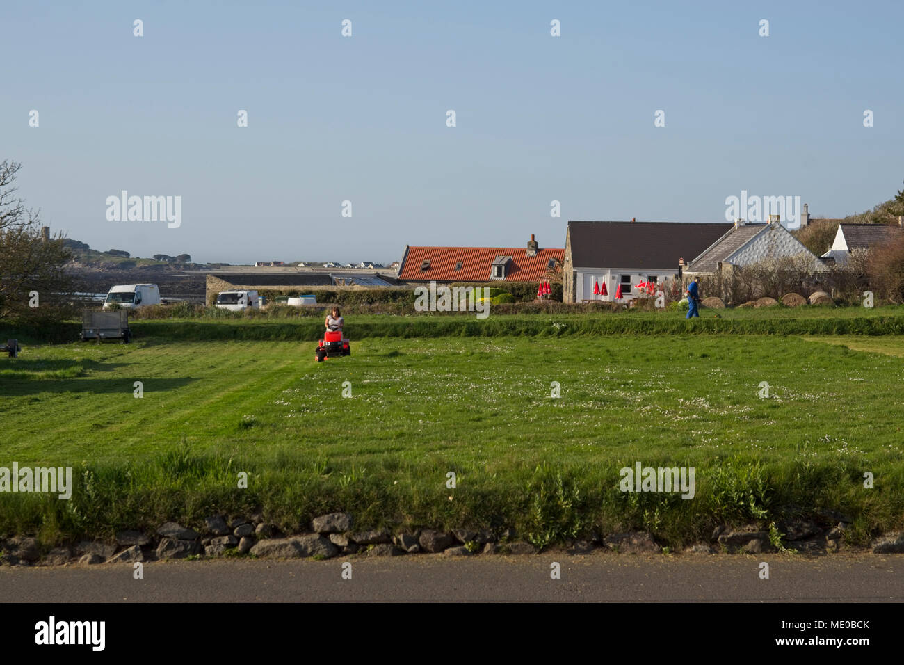 Frau auf motorisierten Rasenmäher Schneiden von Gras auf großem Grundstück. Stockfoto
