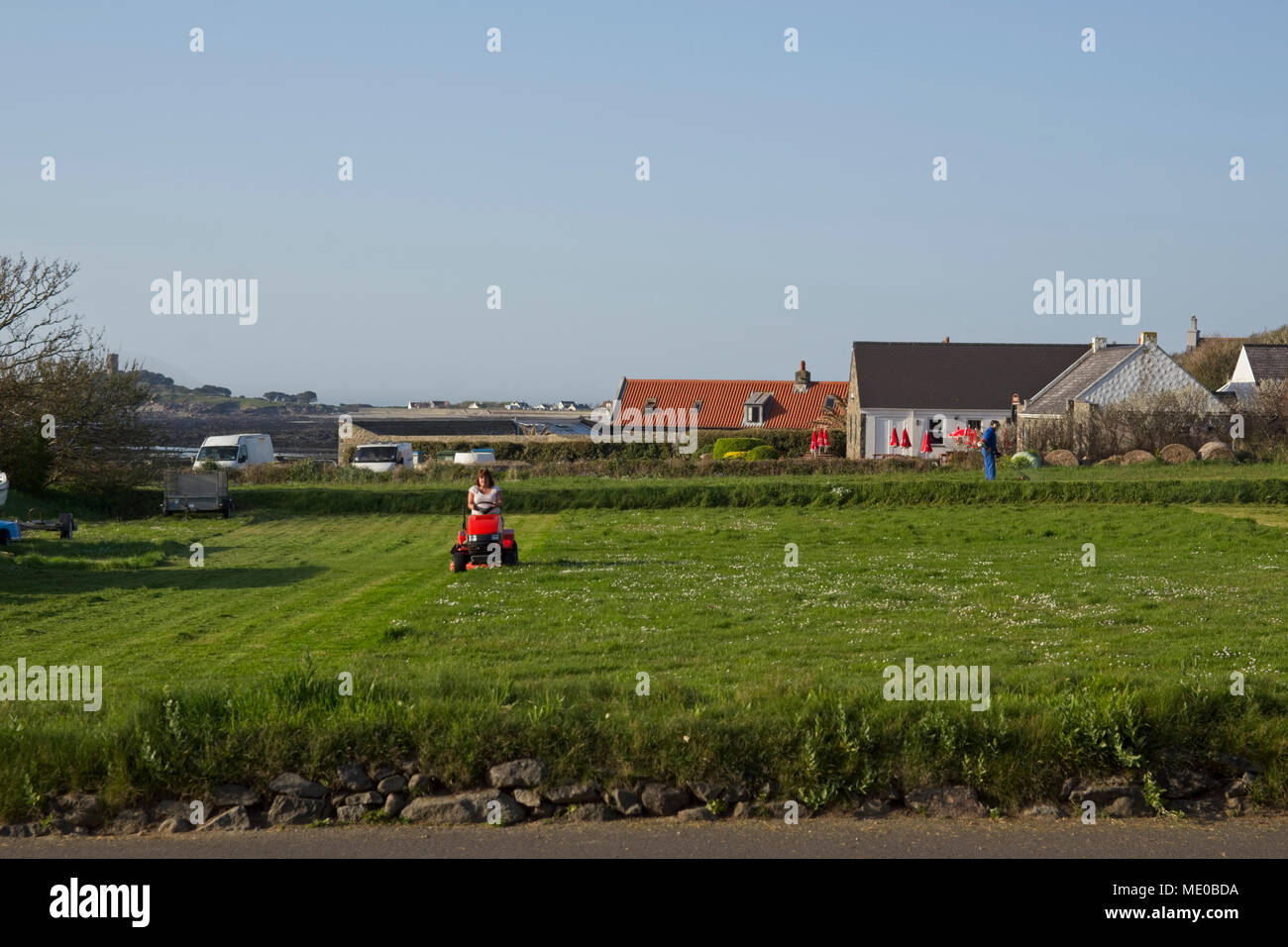 Frau auf motorisierten Rasenmäher Schneiden von Gras auf großem Grundstück. Stockfoto