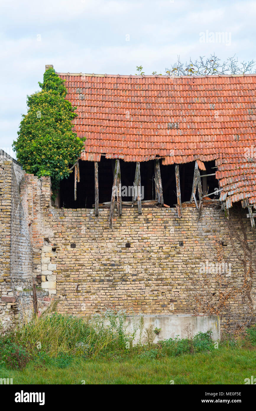 Alte Scheune mit gebrochenen Wellblechdach in Hessen, Deutschland Stockfoto