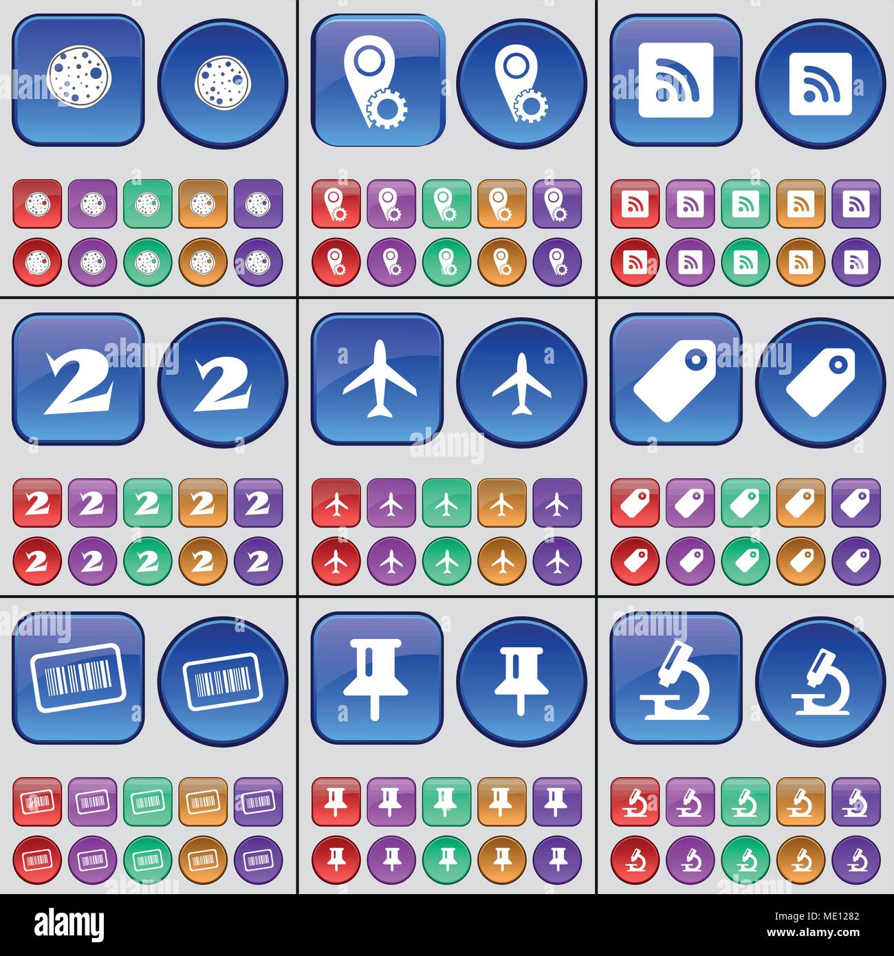 Pizza, Checkpoint, RSS, Zwei, Flugzeug, Tag, Barcode, Pin, Mikroskop. Eine große Anzahl von bunten Tasten. Vector Illustration Stock Vektor