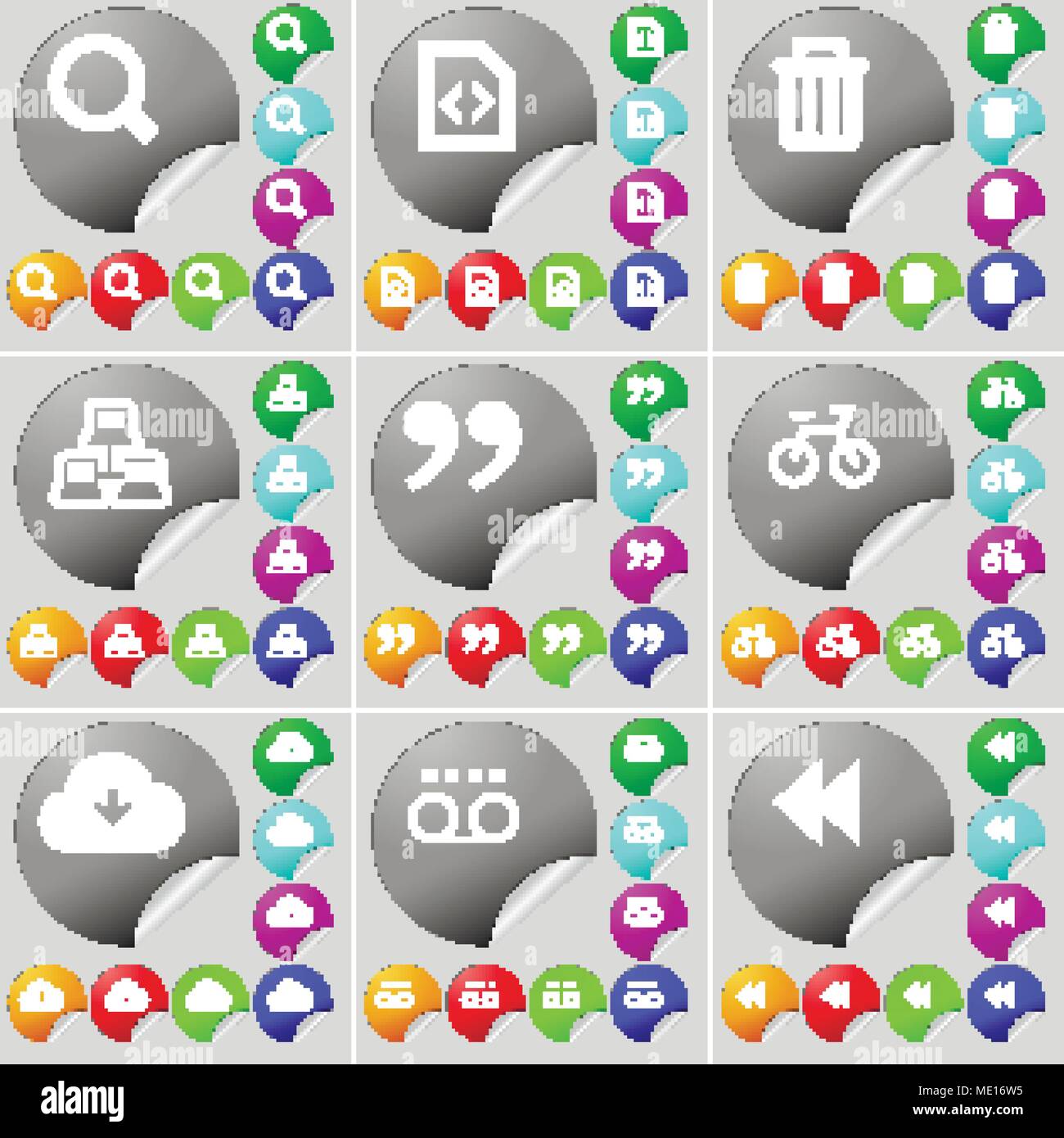 Lupe, Dateien, Papierkorb, Netzwerk, Anführungszeichen, Fahrrad, Cloud,  Kassette, Zurückspulen zeichen Symbol. Ein Satz von 70 zwei bunte runde  Tasten, s Stock-Vektorgrafik - Alamy