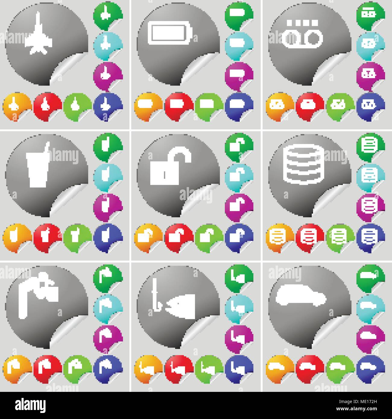 Jetplane, Batterie, Kassette, Trinken, Schloss, Datenbank, Silhouette, Fisch, Auto Schild Symbol. Ein Satz von 70 zwei bunte runde Buttons, Aufkleber. Vektor krank Stock Vektor