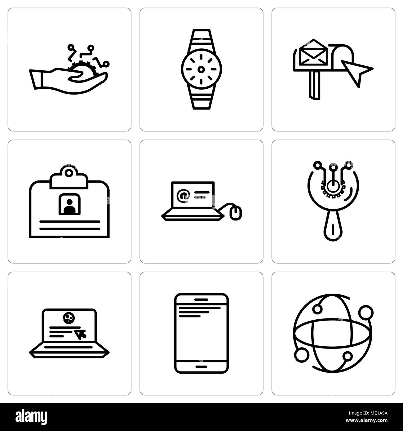 Satz von 9 einfache editierbare Ikonen wie Globus, Smartphone, Laptop und E-Mail, Zugriff, E-Mail, Laptop, Kontakt-ID Card, e-box, erobert, Devel Stock Vektor