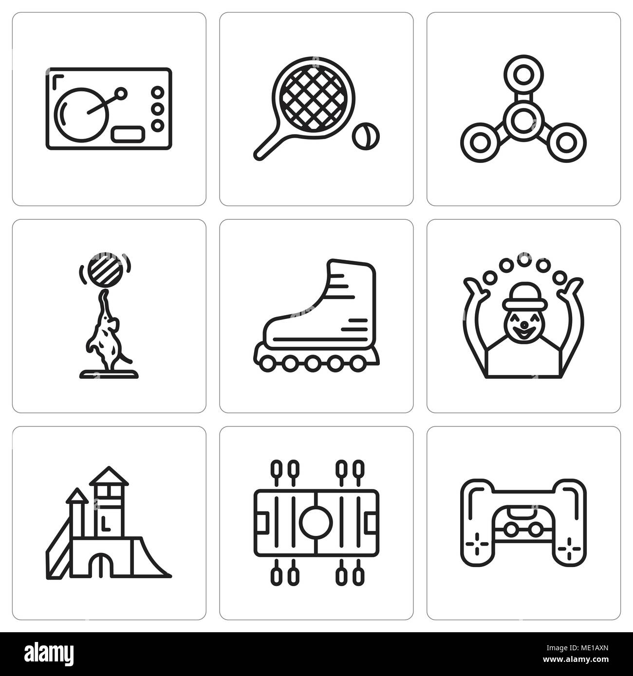 Satz von 9 einfache editierbare Ikonen wie Playstation, Fußball, Spielplatz, Affe, Walzen, Elefant, Drone, Tischtennis, Kaffee, für mobile verwendet werden. Stock Vektor