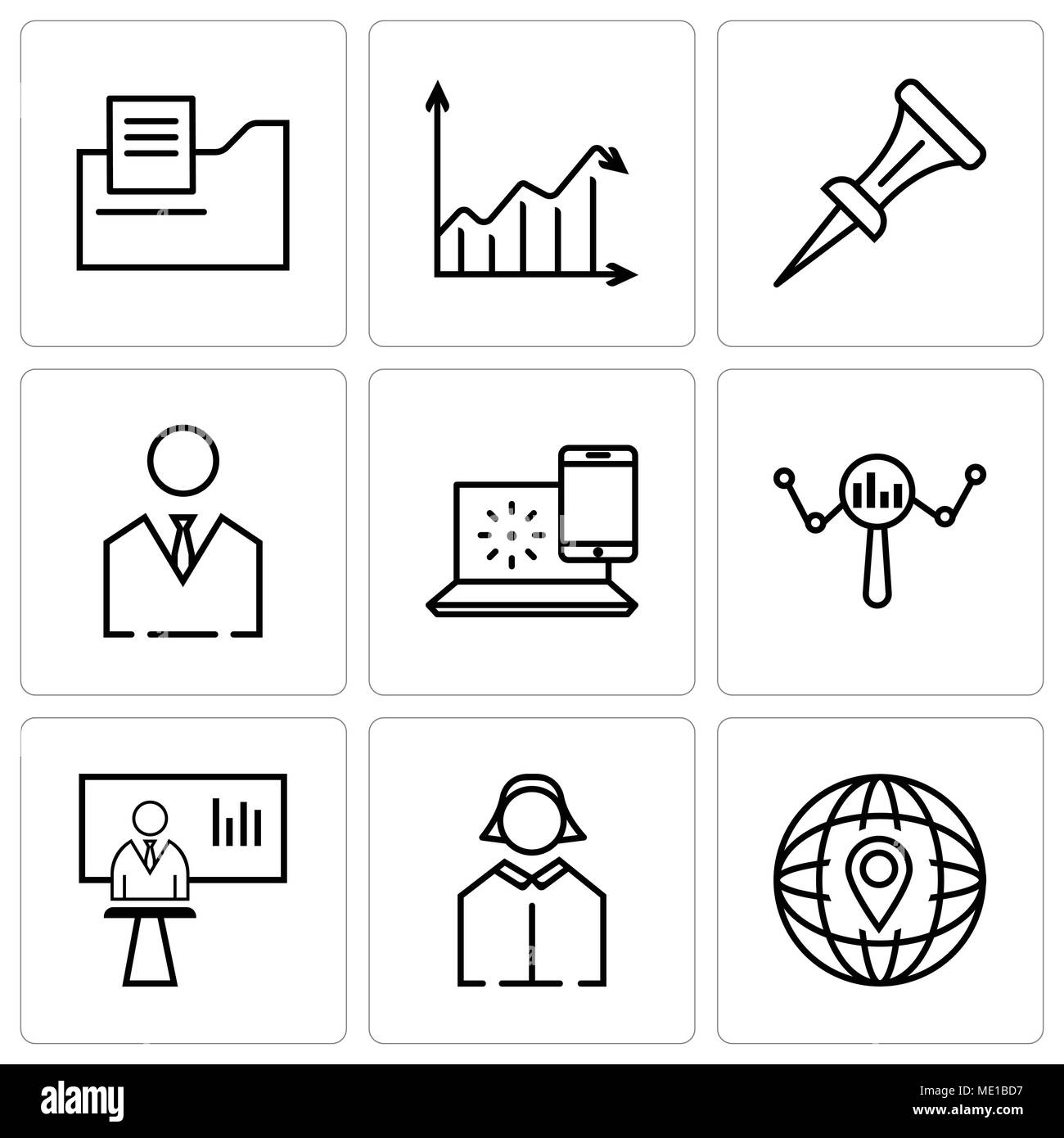 Satz von 9 einfache editierbare Symbole wie Standort, Geschäftsfrau, Nachrichtensprecherin, suchen, Internet, Business Mann, Nagel, Pfeil analytc, Dokumentordner, Stock Vektor