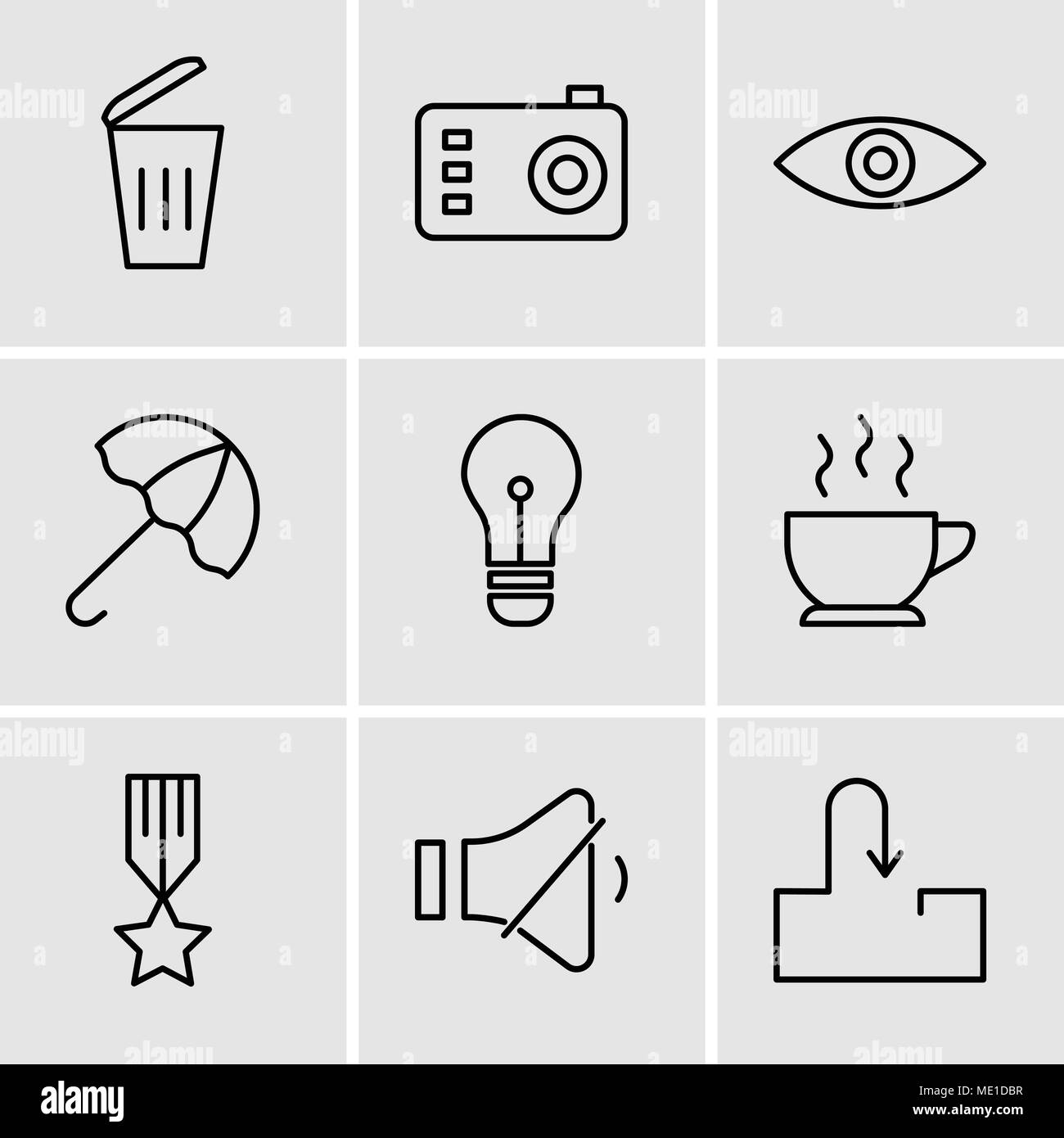 Satz von 9 einfache editierbare Ikonen wie Posteingang, Lautstärkeregelung, Medaille mit einem Stern, Tasse heißen Kaffee, Glühbirne, offenen Regenschirm, Auge, Foto Kamera, Staub Stock Vektor
