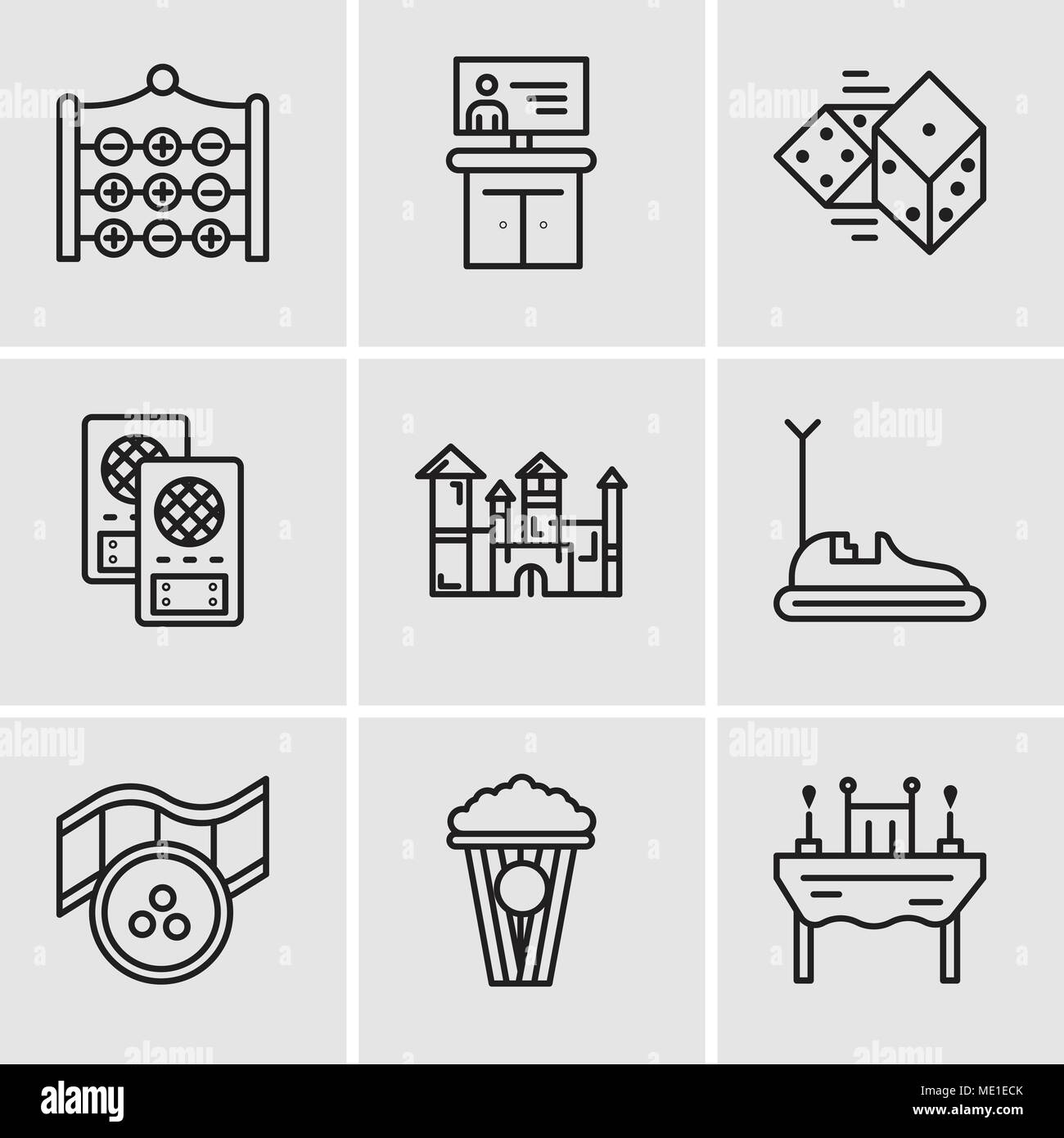 Satz von 9 einfache editierbare Ikonen wie Abendessen, Popcorn, Film, Boxauto, Disneyland, Lautsprecher, Würfel, Tv, Tic Tac Toe, können für mobile verwendet werden, wir Stock Vektor