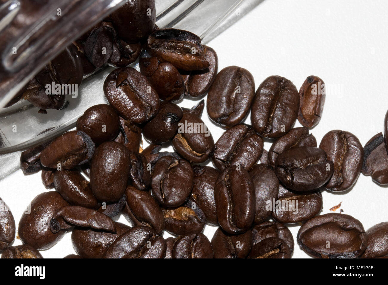 Dunkel geröstete Kaffeebohnen aus Glas auf weißem Hintergrund Stockfoto