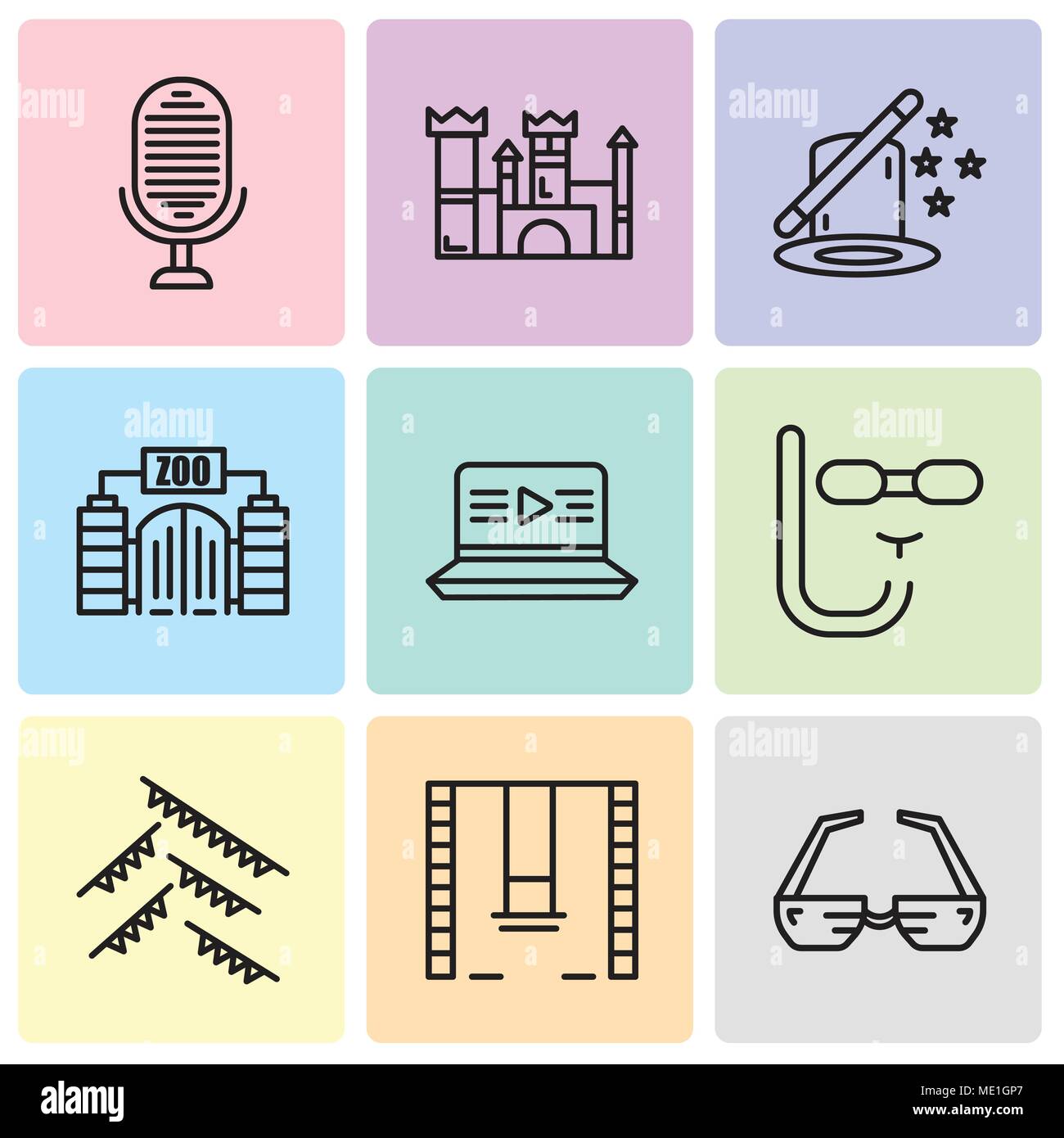 Satz von 9 einfache editierbare Ikonen wie 3D-Brillen, Schaukeln, Garland, Taucherbrille, Film, Zoo, Magie, Schloss, Mikrofon, für mobile verwendet werden können, Web-UI Stock Vektor