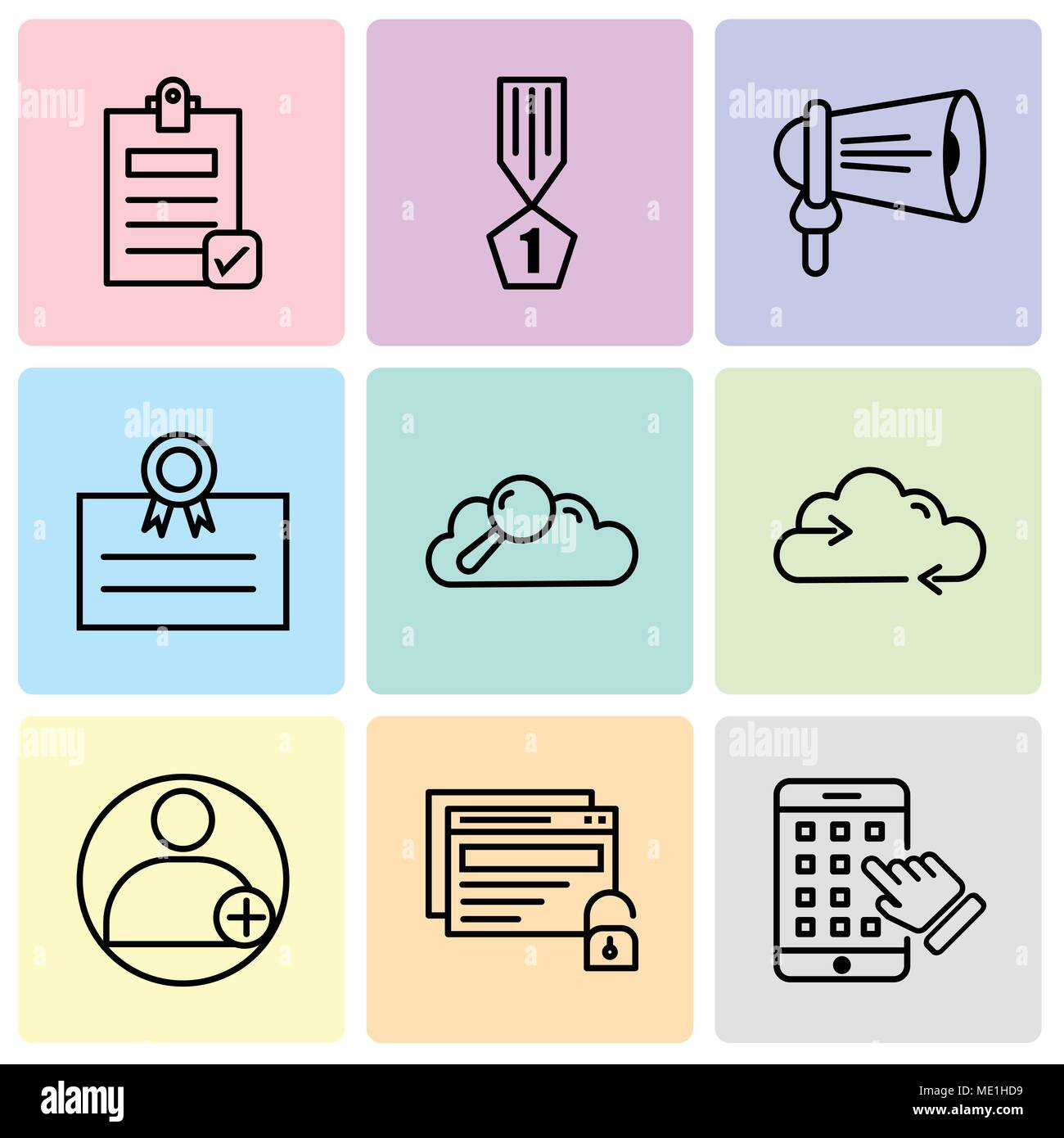 Satz von 9 einfache editierbare Ikonen wie iphone, Entsperren, Profil, Laden, Daten, Daten suchen, Postkarte, Lautsprecher, Sieger, Dokument prüfen, kann benutzt werden, um f Stock Vektor