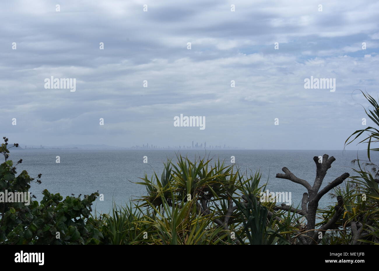 Gold Coast Skyline Blick von Rainbow Bay Aussichtspunkt in Pat Fagan Park (Coolangatta, Queensland, Australien) Stockfoto