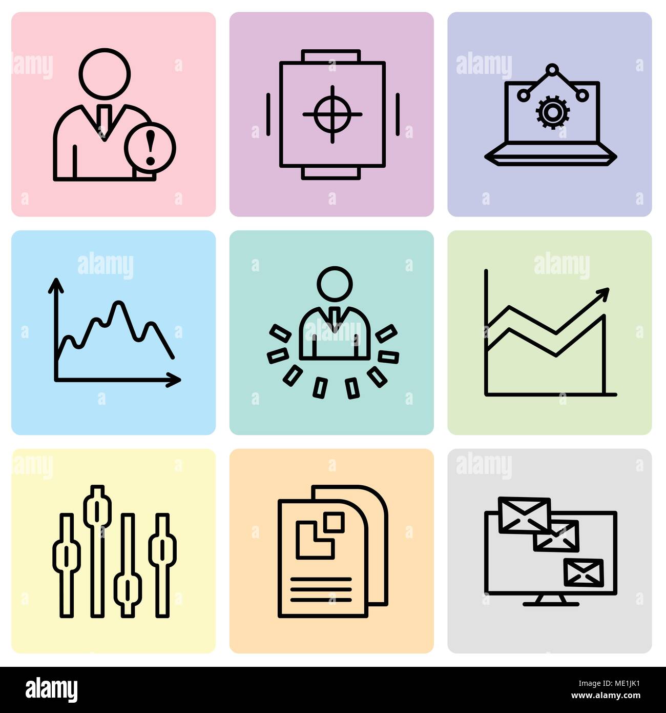 Satz von 9 einfache editierbare Ikonen wie Monitor analytische, Daten Seite, Box plot Chart, Benutzerdaten, Data, Laptop, Safe, Daten analyti Stock Vektor