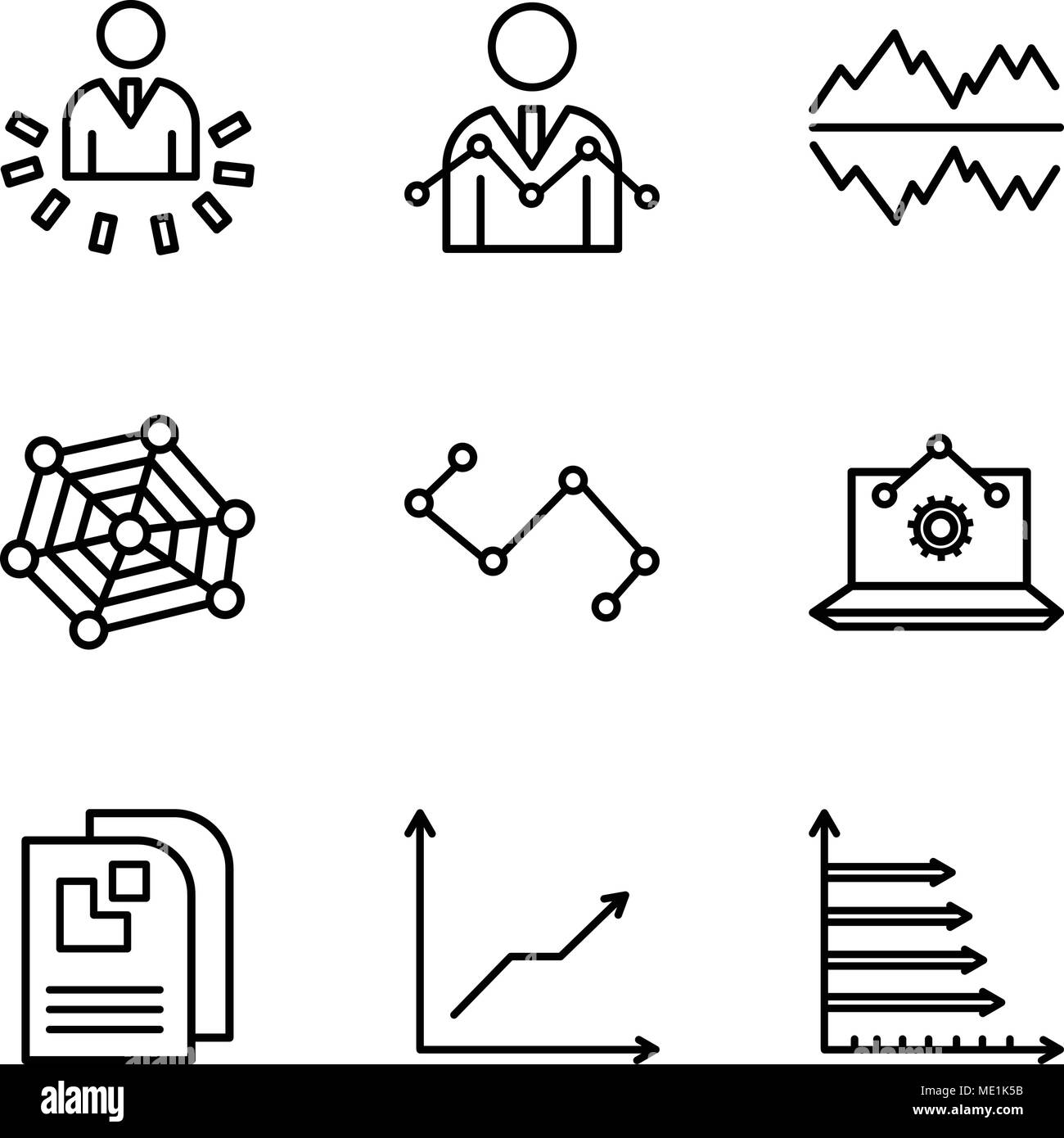 Satz von 9 einfache editierbare Ikonen wie Analytische, absteigend Data Analytics, Seite Daten, Analyse, Knoten Verbindungen Schnittstelle, Radar Chart mit Stock Vektor