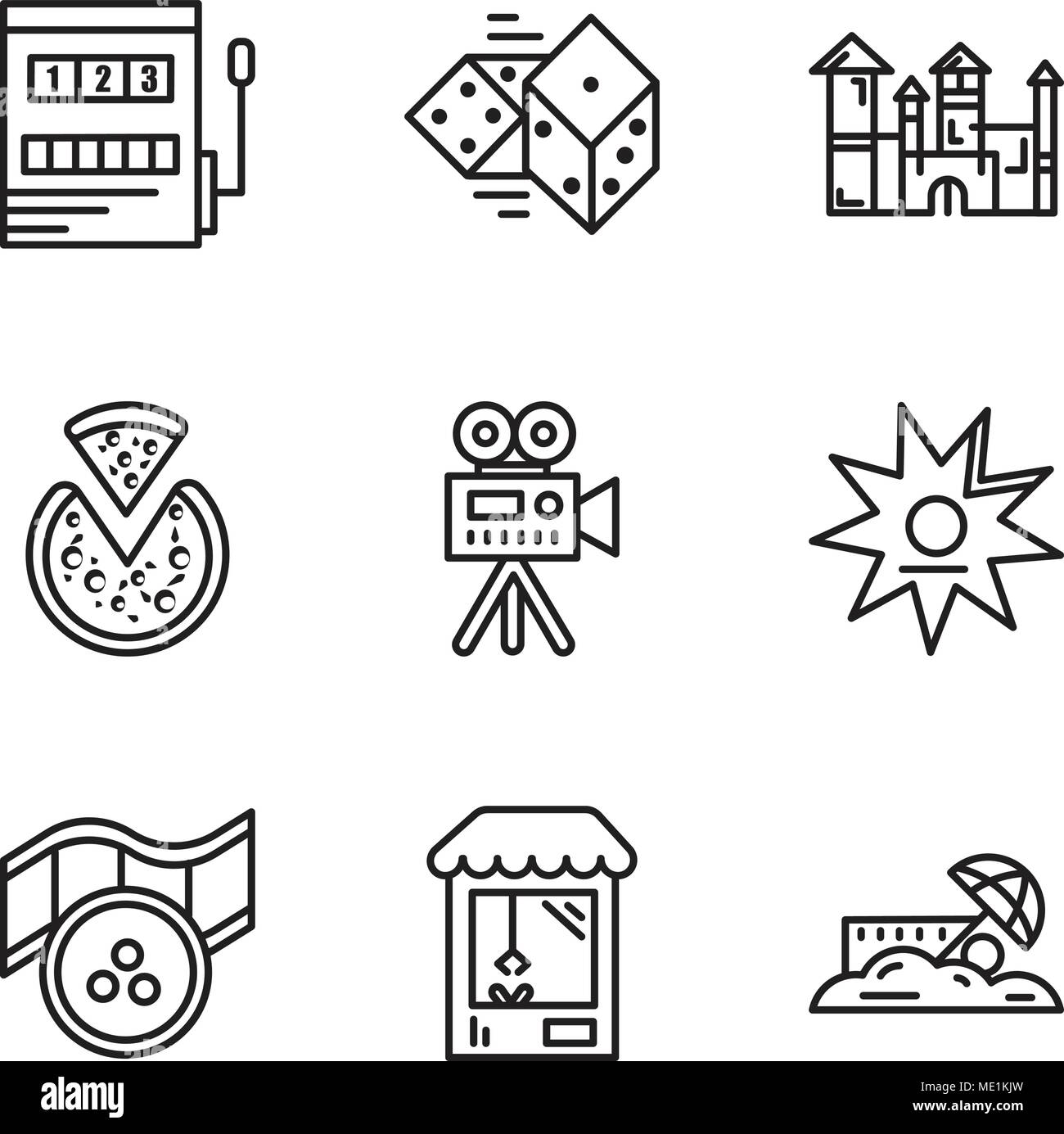 Satz von 9 einfache editierbare Ikonen wie Sand, Maschine, Film, Walk of Fame, Videokamera, Pizza, Disneyland, Würfel, Gaming, können für mobile, Web verwendet werden. Stock Vektor