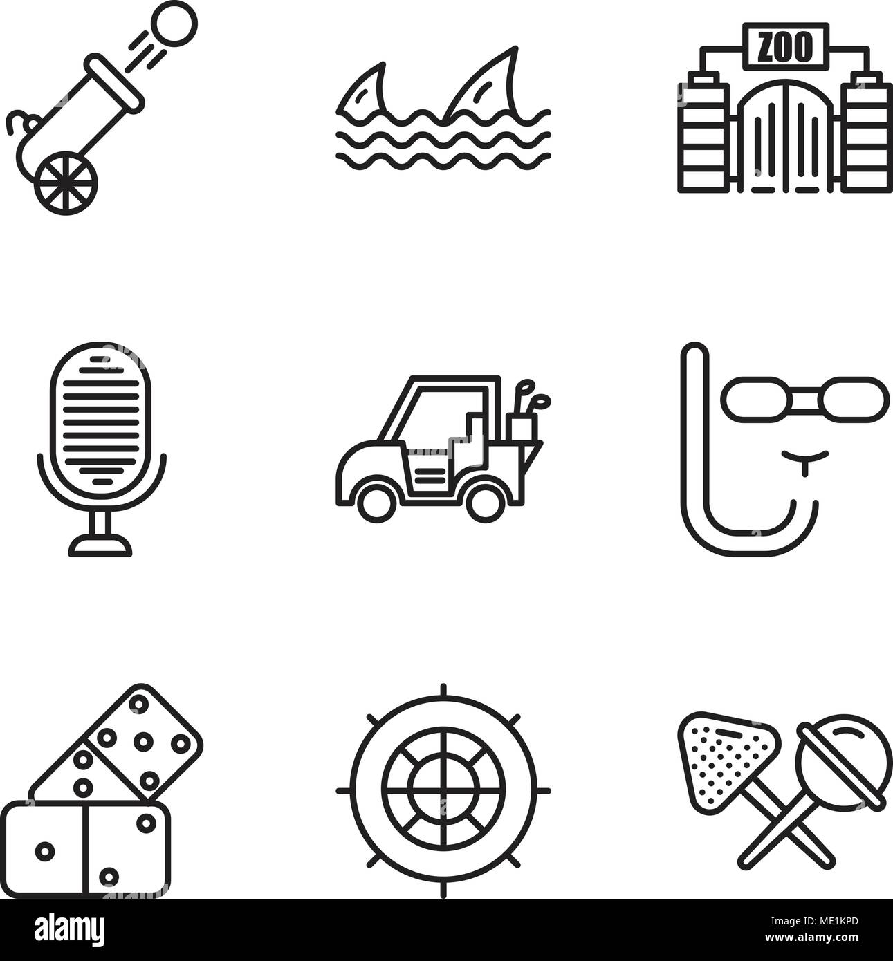 Satz von 9 einfache editierbare Ikonen wie Süßigkeiten, Roulette, Domino, Taucherbrille, Golf wagen, Mikrofon, Zoo, Haie, Kanone, können für mobile verwendet werden, die Web-UI Stock Vektor