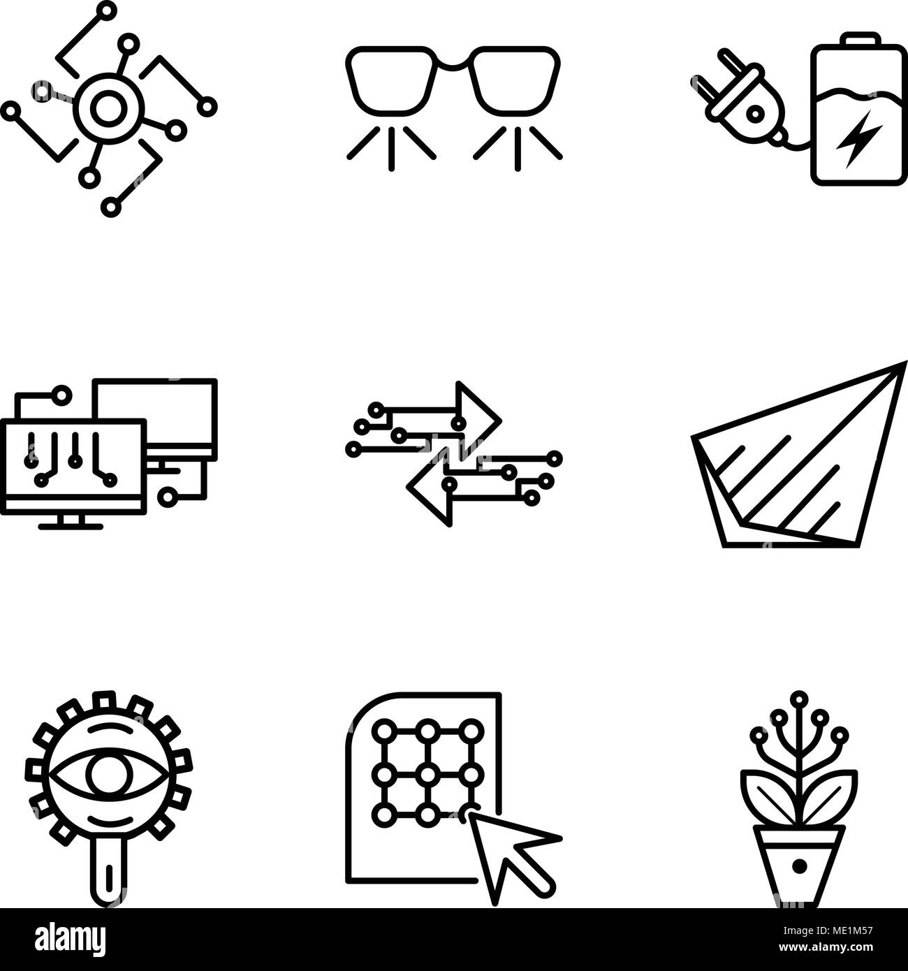 Satz von 9 einfache editierbare Symbole wie Einstellungen, klicken Sie auf Anzeigen, Senden, Übertragung, Netz, Batterie, Ar-Gläser, CPU, können für mobile verwendet werden, die Web-UI Stock Vektor