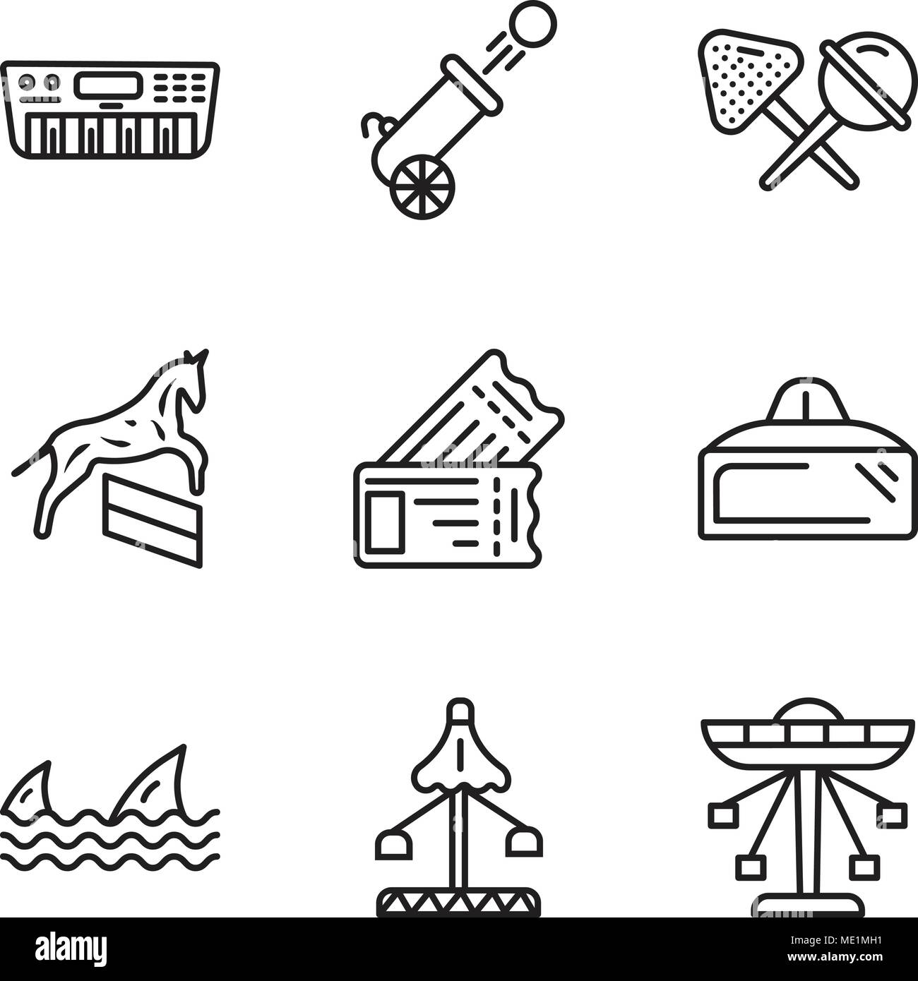 Satz von 9 einfache editierbare Ikonen wie Karussell, Messe, Haie, VR-Brille, Tickets, Pferd, Süßigkeiten, Cannon, Synthesizer, können für mobile verwendet werden, die Web-UI Stock Vektor
