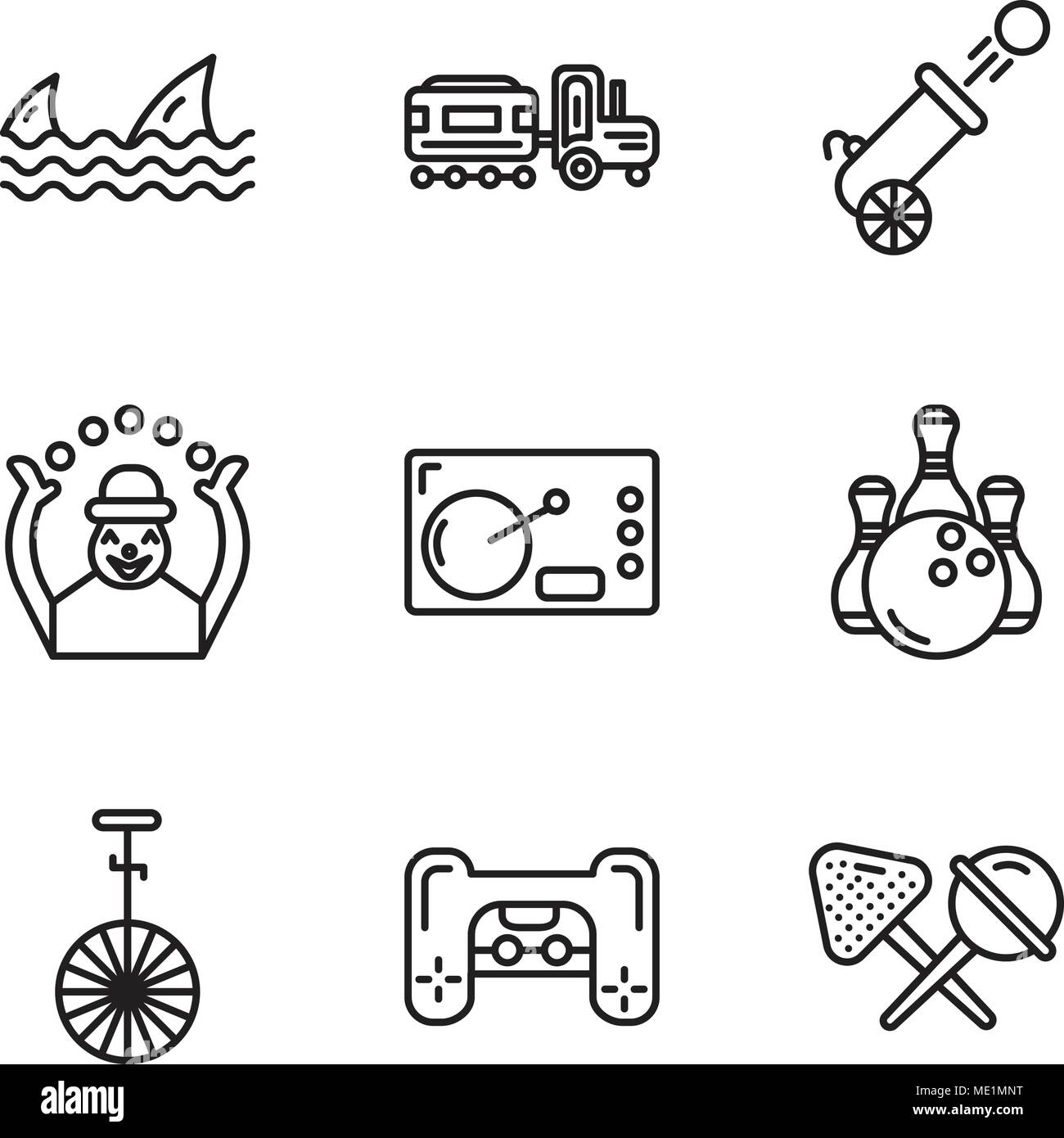 Satz von 9 einfache editierbare Ikonen wie Süßigkeiten, Playstation, Zirkus, Bowling, Kaffee, Monkey, Kanonen, Kid, Haie, für mobile verwendet werden, die Web-UI Stock Vektor
