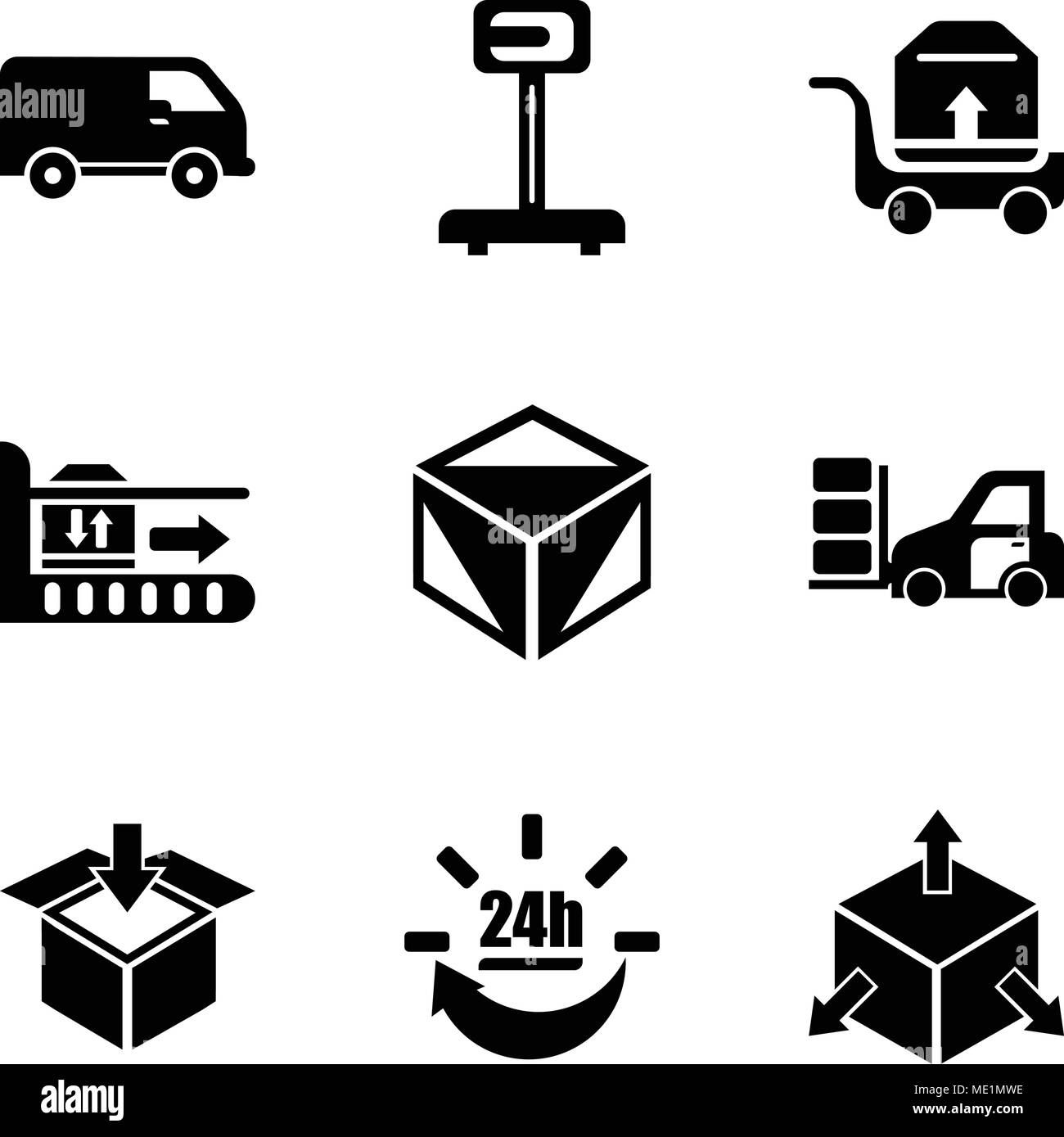 Satz von 9 einfache editierbare Ikonen wie Lieferung cube Box Paket mit vier Pfeile in verschiedene Richtungen, 24 Stunden Lieferung, Verpackung, Stock Vektor