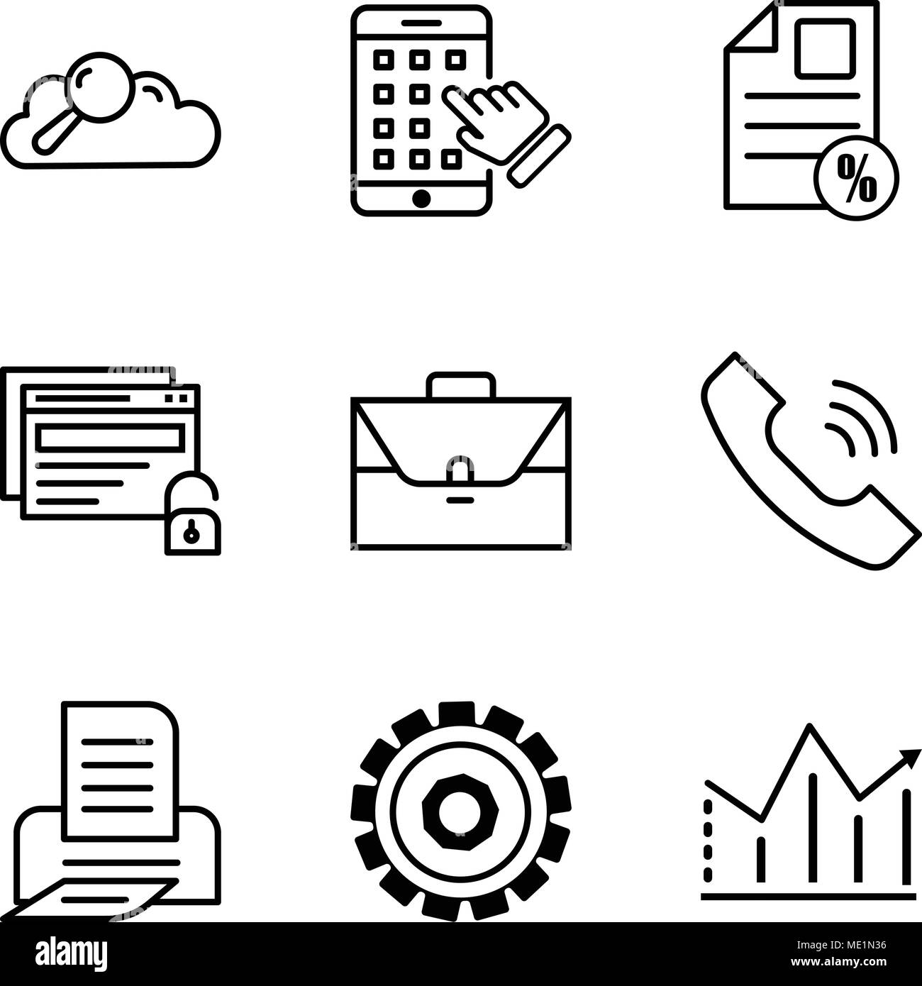 Satz von 9 einfache editierbare Ikonen wie Statistik, Einstellung, Drucken, Anruf, Portfolio, entsperren, Dokument, Prozent, iphone, Suchen von Daten, können für Mobi verwendet werden. Stock Vektor
