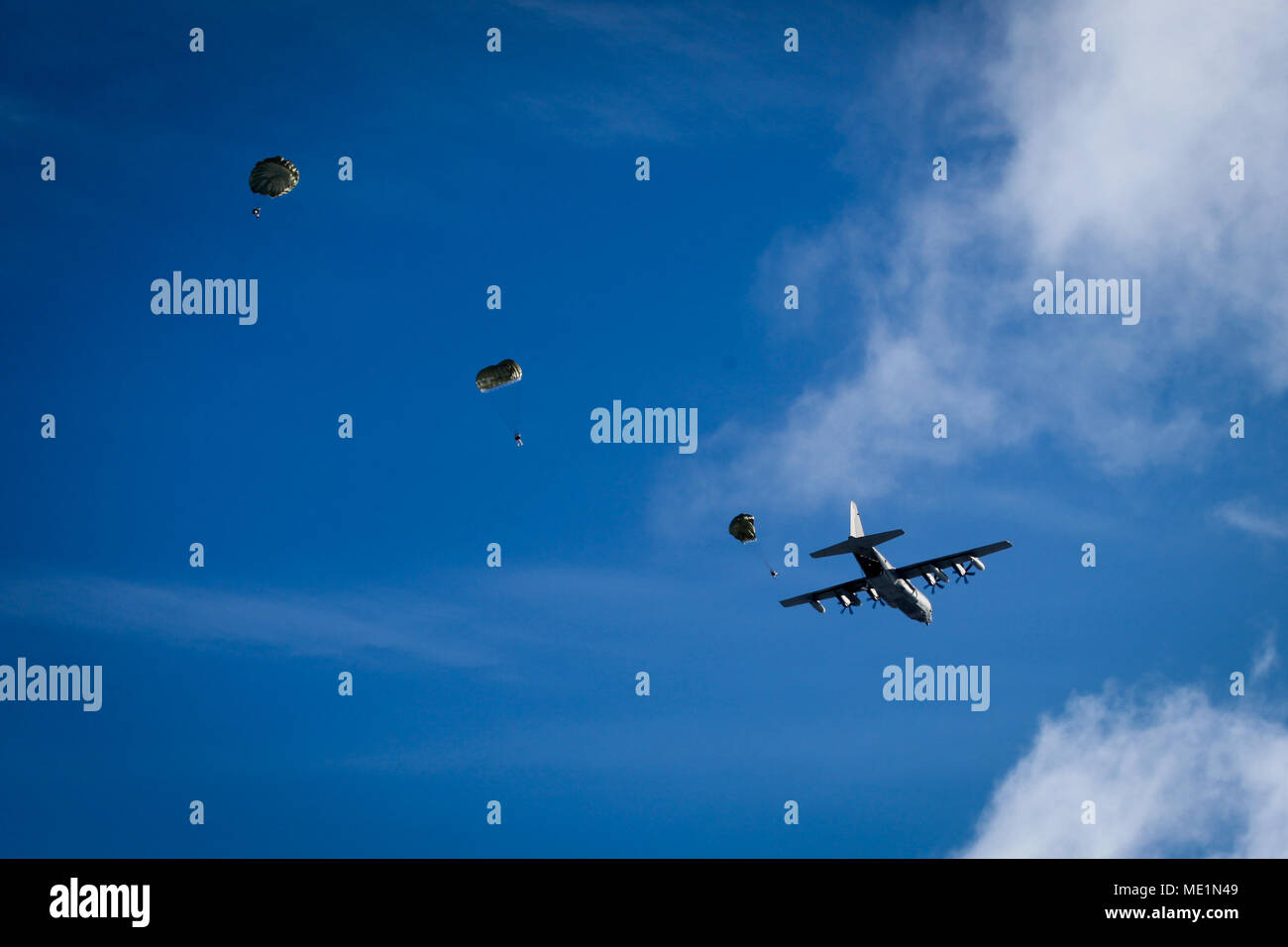 Us-Armee 10 Special Forces Group (Airborne) Soldaten springen mit Finnischer, Polnischer und estnischen Special Operations Forces von Lockheed C-130 Hercules bei der luftgestützten Hilfsaktionen in Rovaniemi, Finnland am März 14, 2018. Northern Griffin ist eine multinationale Übung von finnischen Special Operations Forces Gastgeber Finnland und Partner nation SOF die Möglichkeit, Fähigkeiten trainieren und in den arktischen Bedingungen zu bewerten. Stockfoto