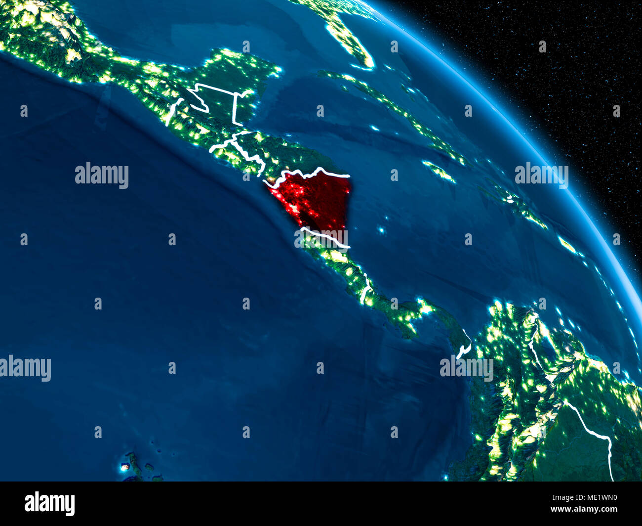 Satellitenansicht von Nicaragua in Rot hervorgehoben auf dem Planeten Erde bei Nacht mit Grenzen und die Lichter der Stadt. 3D-Darstellung. Elemente dieses Bild furn Stockfoto