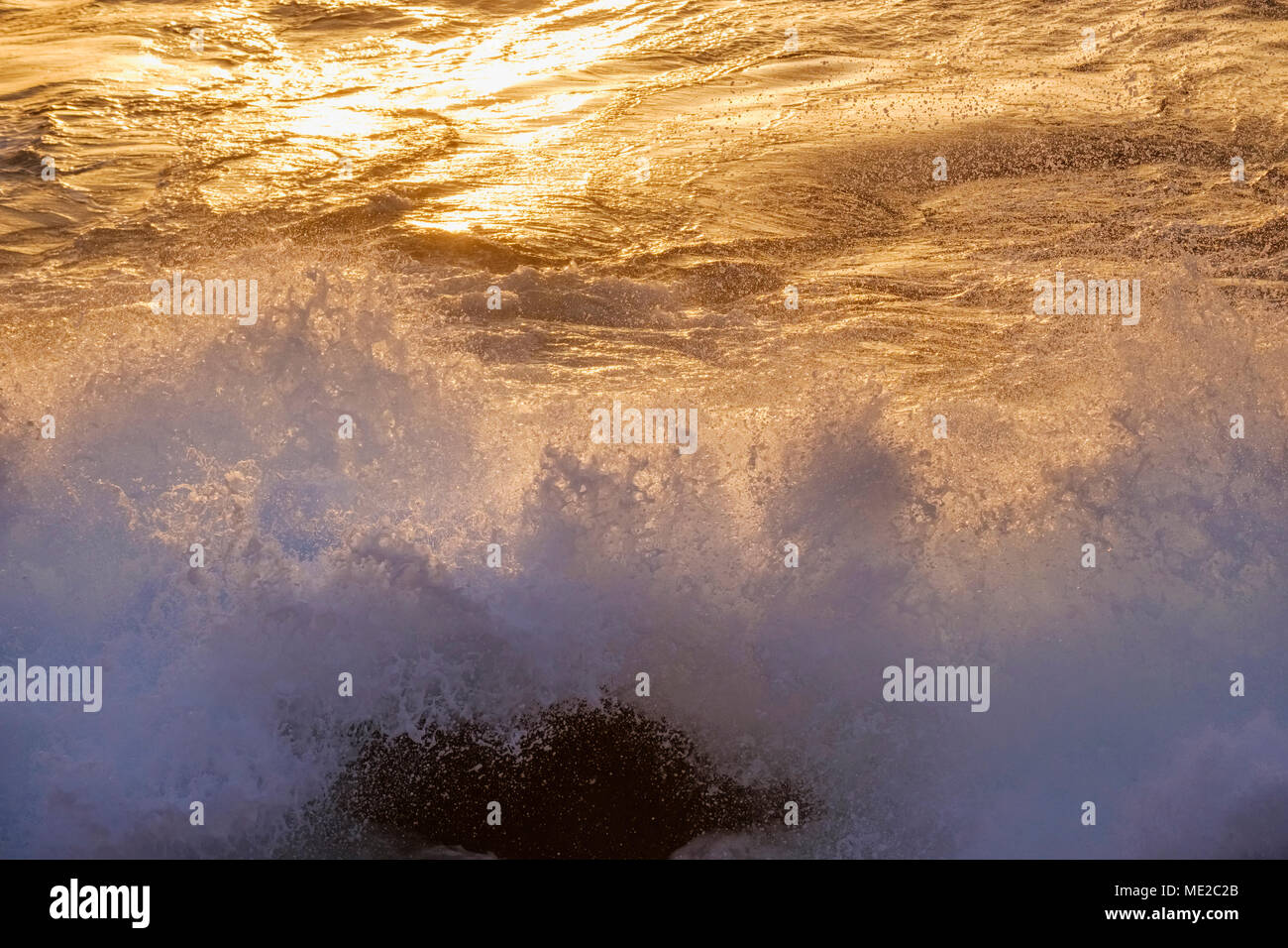 Surfen Sie auf der felsigen Küste im Abendlicht, Atlantik, La Gomera, Kanarische Inseln, Kanarische Inseln, Spanien Stockfoto