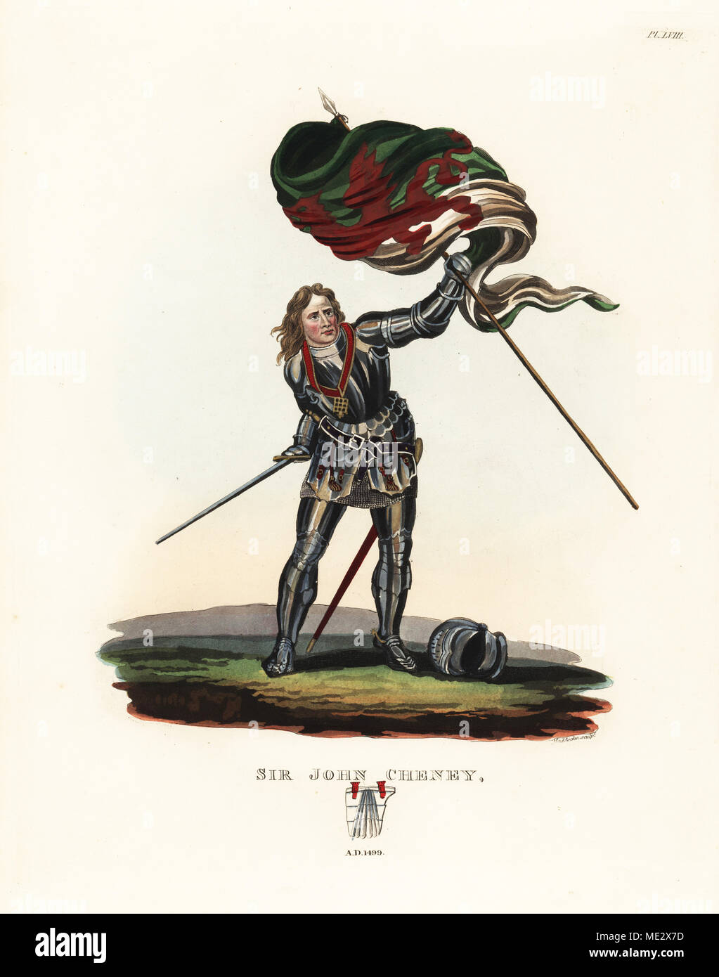 Sir John Cheney oder Cheyne, der Starke Ritter, Meister des Pferdes zu König Edward IV, Leibwächter, Heinrich VII., 1442-1499. In der Klage der Platte Rüstung mit tuiles, chainmail Schürze, Helm, und halten das Banner von Henry VII, einen roten Drachen an der grünen und weißen Feld. Papierkörbe Lithographie von maddocks nach einer Abbildung von S.R. Meyrick von Sir Samuel Rush Meyrick ist eine kritische Untersuchung Antient Rüstung, John dowding, London, 1842. Stockfoto