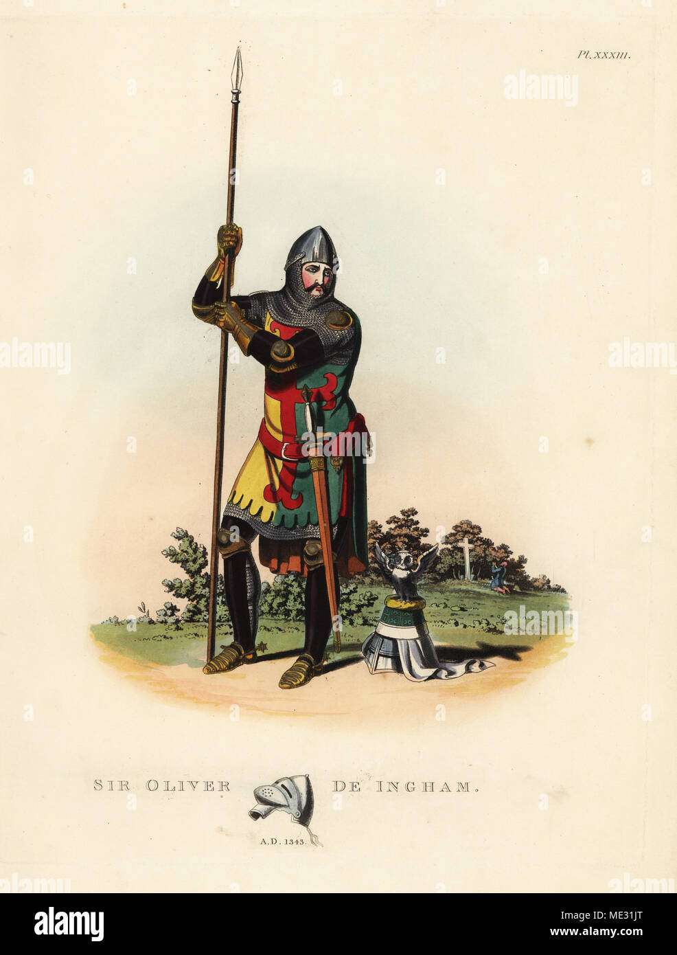 Sir Oliver de Ingham, 1287-1343, Englischer Ritter und Soldaten unter König Eduard II. von England. Chainmail mit schwarzen Platte Rüstung, brassarts, genouilleres, sollerets usw. Babykörbchen Helm, armorial Pourpoint mit roten Kreuz auf einem goldenen und grünen Feld. Aus ein Bildnis in Ingham Kirche, Norfolk. Papierkörbe Lithographie von maddocks nach einer Abbildung von S.R. Meyrick von Sir Samuel Rush Meyrick ist eine kritische Untersuchung Antient Rüstung, John dowding, London, 1842. Stockfoto