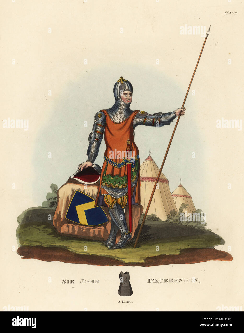 Sir John d'Aubernoun oder d'Abernon, 1330. Er trägt ein babykörbchen Helm, Tunika unter einem kettenhemd, gamboised Rüstung, verzierte Pourpoint und cyclas, Platte Grieben und Demi-brassarts. Von einem Messing Bildnis in Stoke d'Abernon Kirche, Surrey. Papierkörbe Lithographie nach einer Zeichnung von S.R. Meyrick von Sir Samuel Rush Meyrick ist eine kritische Untersuchung Antient Rüstung, John dowding, London, 1842. Stockfoto