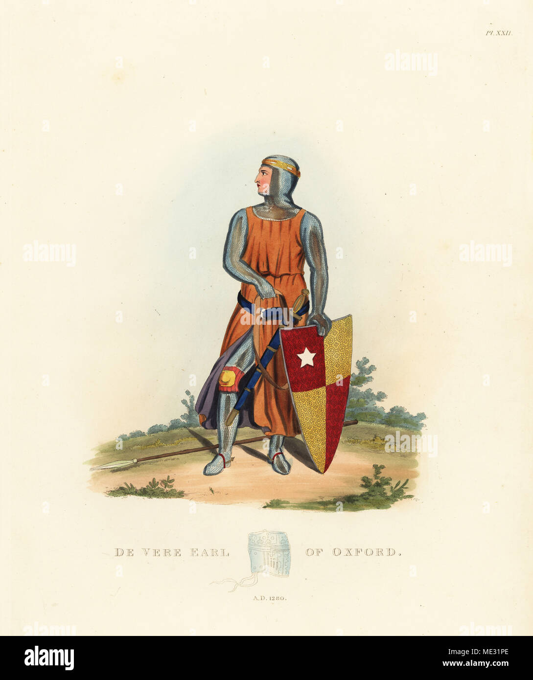 De Vere, Earl of Oxford, 1280. Ritter in kettenhemden Kettenhemd und Tunika, mit Knie poleyns, Schwert, Lanze und Schild mit Wappen. Von einem Denkmal in Hatfield Broadoak Kirche. Papierkörbe Lithographie nach einer Zeichnung von S.R. Meyrick von Sir Samuel Rush Meyrick ist eine kritische Untersuchung Antient Rüstung, John dowding, London, 1842. Stockfoto