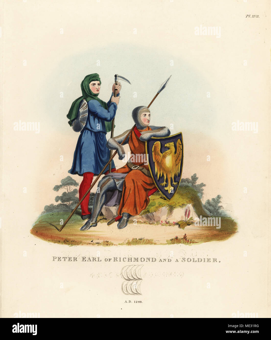 Peter II., Graf von Savoyen, Graf von Richmond, und ein Soldat. 1248. Der Graf trägt ein kettenhemd Kettenhemd und chausses, Tunika und trägt eine Lanze und Schild mit Wappen. Die footsoldier trägt ein cargan Haube, trägt eine oucin und runden Schild. Papierkörbe Lithographie nach einer Zeichnung von S.R. Meyrick von Sir Samuel Rush Meyrick ist eine kritische Untersuchung Antient Rüstung, John dowding, London, 1842. Stockfoto