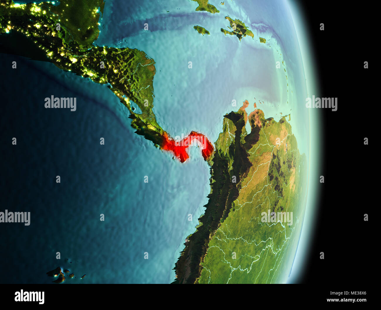 Am frühen Morgen Ansicht von Panama in Rot hervorgehoben auf dem Planeten Erde. 3D-Darstellung. Elemente dieses Bild von der NASA eingerichtet. Stockfoto