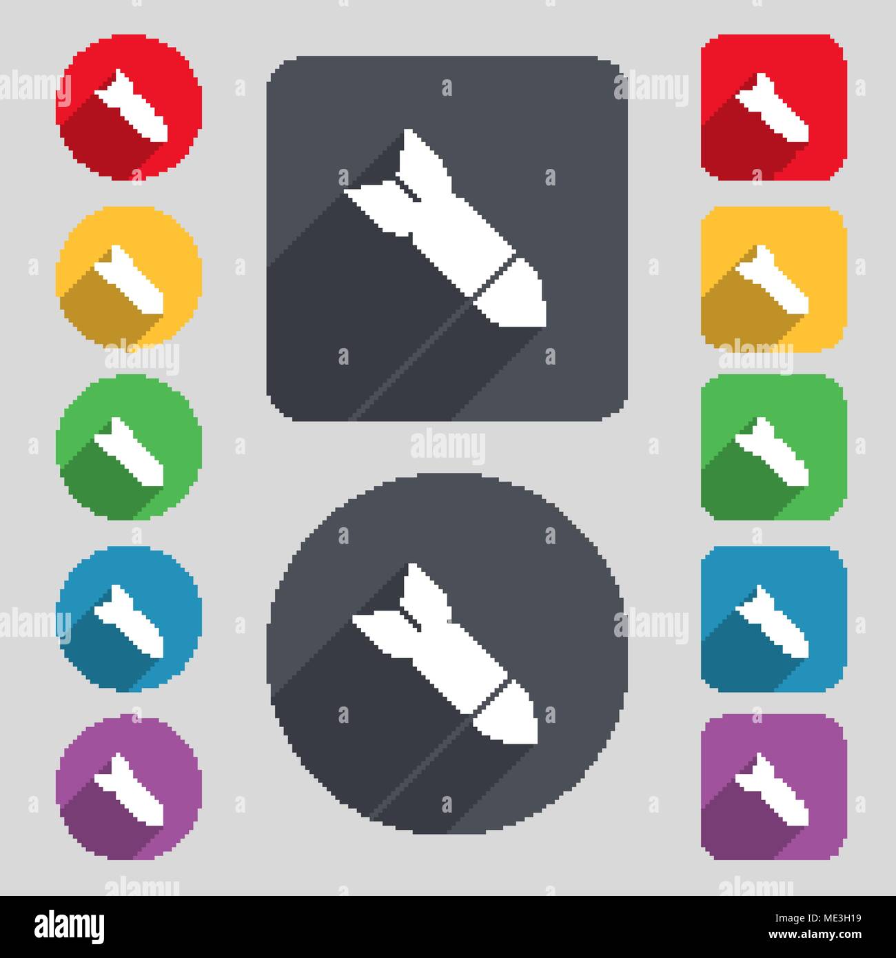 Rakete Rakete Waffensymbol unterzeichnen. Um ein Set mit 12 farbigen Tasten und einen langen Schatten. Flache Bauform. Vector Illustration Stock Vektor