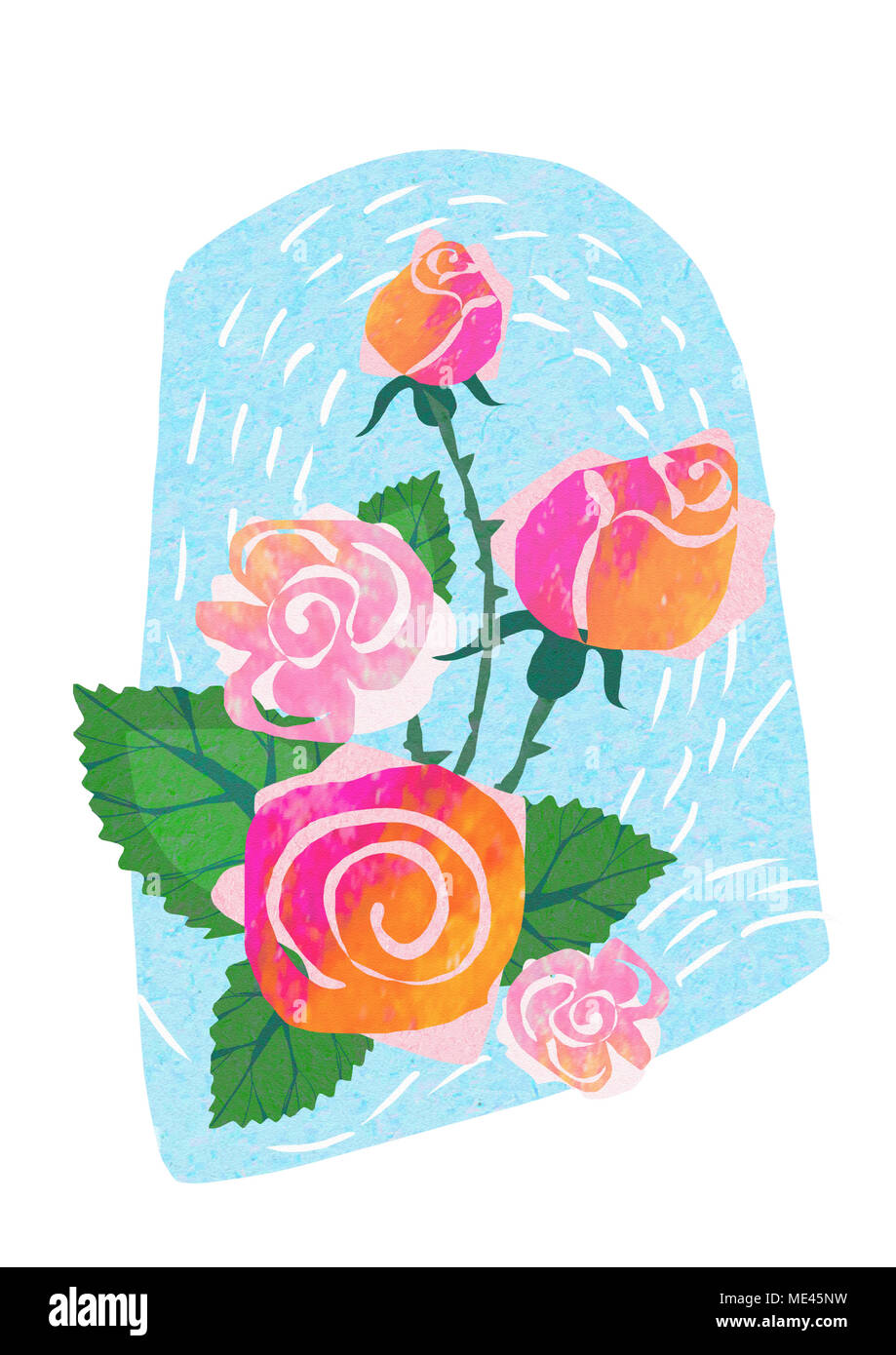Rose abstrakten Blumenstrauß. Hand gezeichnet Grußkarte mit rote Rose auf blauem Hintergrund für Dekoration Design. Floral-Design. Aquarell abstrakter Kunst. Stockfoto