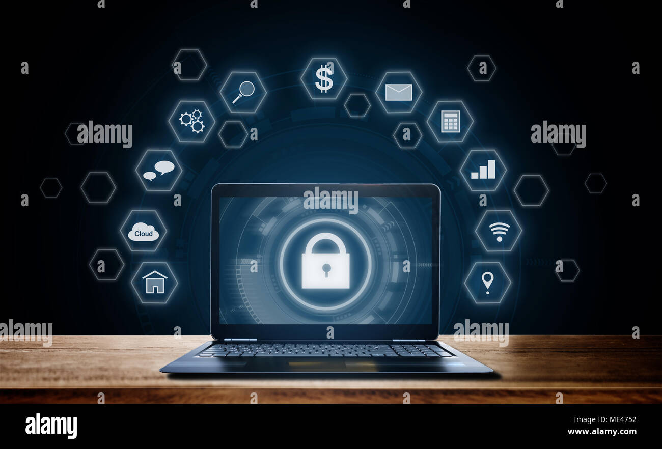 Cyber Internet Security Systems. Schlosssymbol Technologie auf dem Computer Laptop Bildschirm mit Anwendungssymbolen Stockfoto