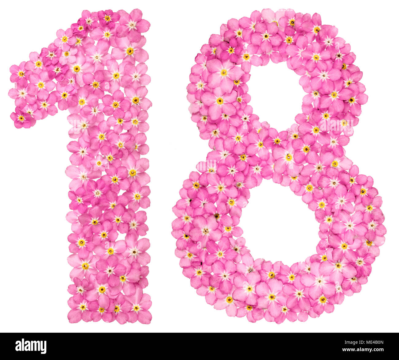 Arabische Zahlen 18, 18, von rosa Vergissmeinnicht Blumen, auf weißem  Hintergrund Stockfotografie - Alamy