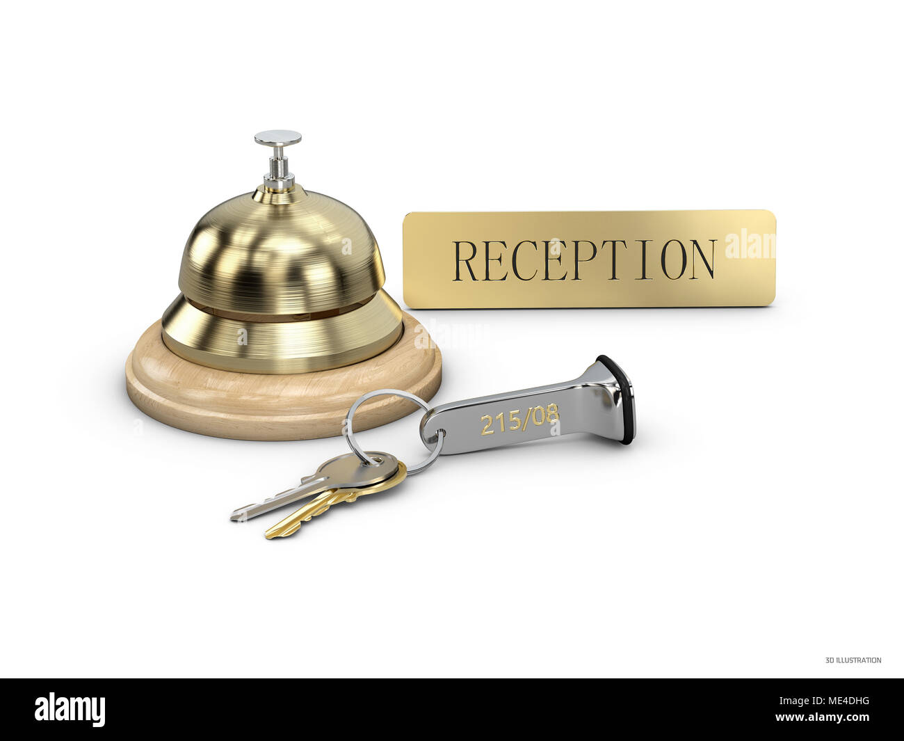Hotel Key und Rezeption Glocke an der Rezeption, 3d Illustartion. Stockfoto