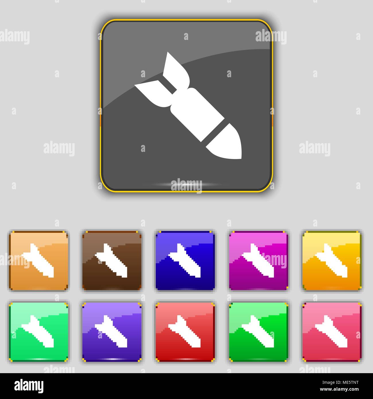 Rakete Rakete Waffensymbol unterzeichnen. Set mit 11 farbigen Buttons für Ihre Website. Vector Illustration Stock Vektor
