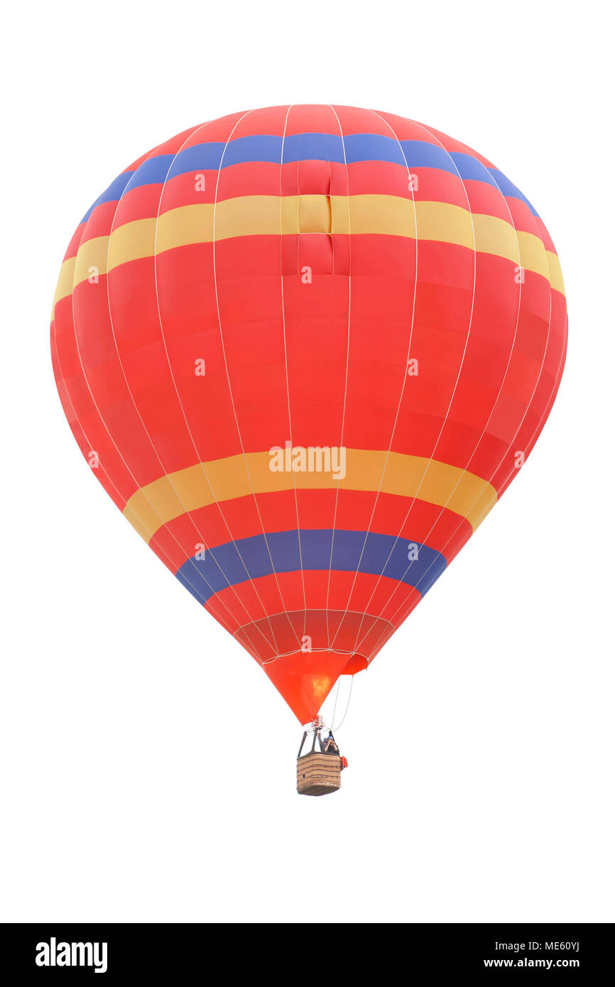 Red Hot Air Balloon mit blauen und gelben Streifen isoliert auf weißem Hintergrund Stockfoto
