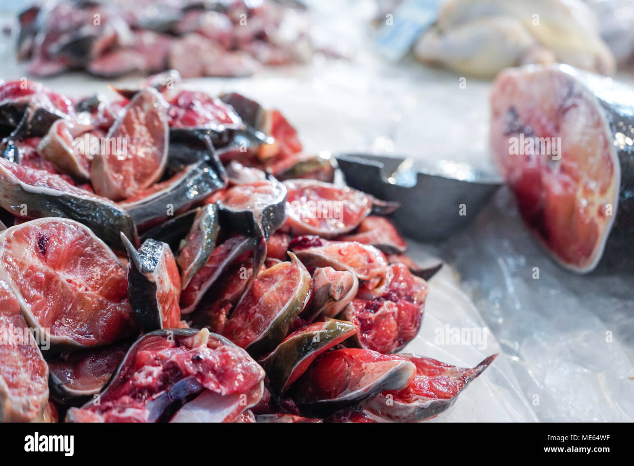 In Scheiben geschnitten Pangasius im Regal in der frische Markt Stockfoto