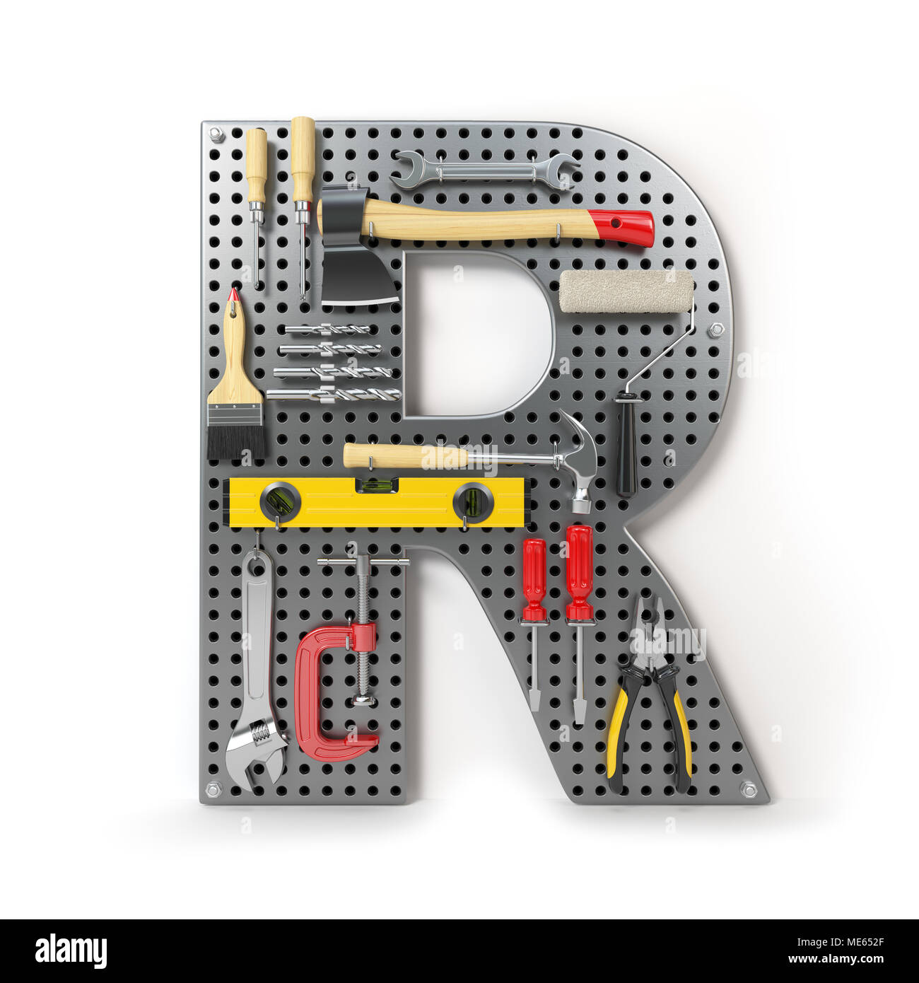 Buchstabe R. Alphabet aus der Werkzeuge der Metall Stecktafel isoliert auf  Weiss. 3D-Darstellung Stockfotografie - Alamy
