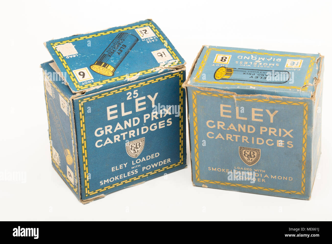 Zwei alte Eley-Kynoch Grand Prix 16 Bohrung oder Manometer, Patrone Schachteln mit 25 Papier cased shotgun Patronen. England UK GB Stockfoto