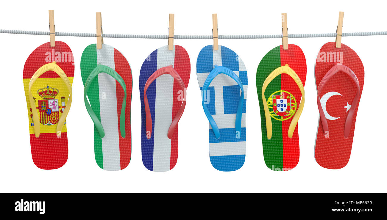 Hängende flip flops in den Farben der verschiedenen mediterranen Ländern Spanien, Italien, Frankreich, Portugal, Griechenland und der Türkei. Reise und Tourismus conc Stockfoto
